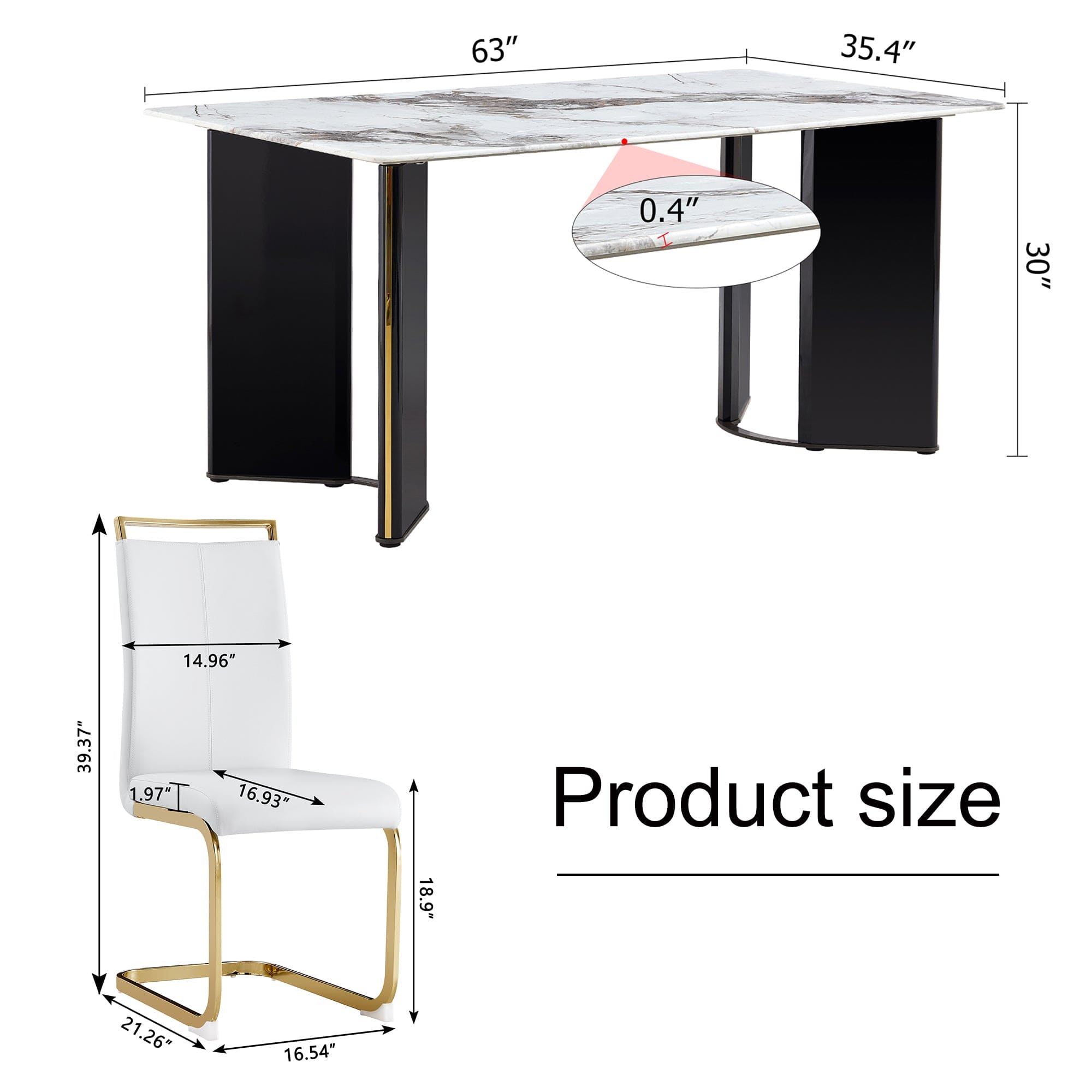 Table and chair set. 1 table and 4 white PU backrest cushions with gold metal leg chairs . A rectangular white imitation marble desktop with MDF legs and gold metal decorative strips. HH1162