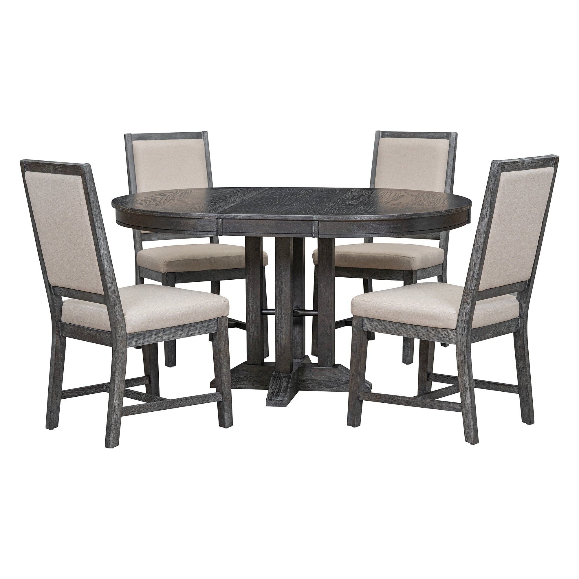 TREXM 5-Piece Dining Set Extendable Round Table and 4 Upholstered Chairs Farmhouse Dining Set for Kitchen, Dining Room(Black)