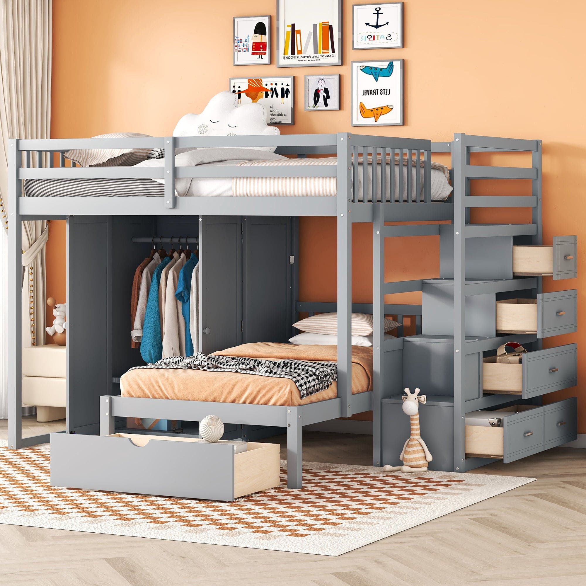 Full Over Twin Bunk Bed with Wardrobe, Drawers, Gray