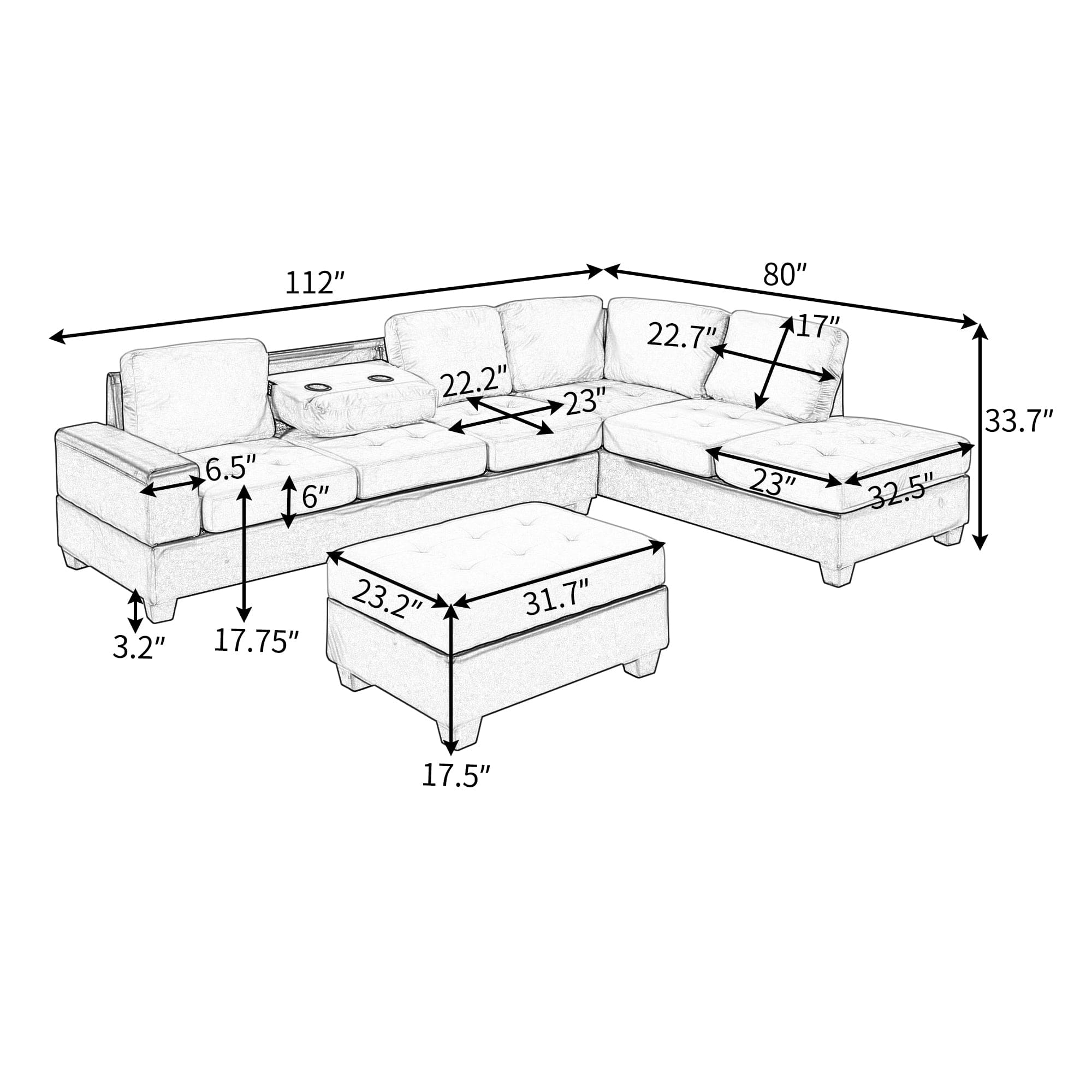 Orisfur. Modern Sectional Sofa with Reversible Chaise, L Shaped  Couch Set with Storage Ottoman and Two Cup Holders for Living Room