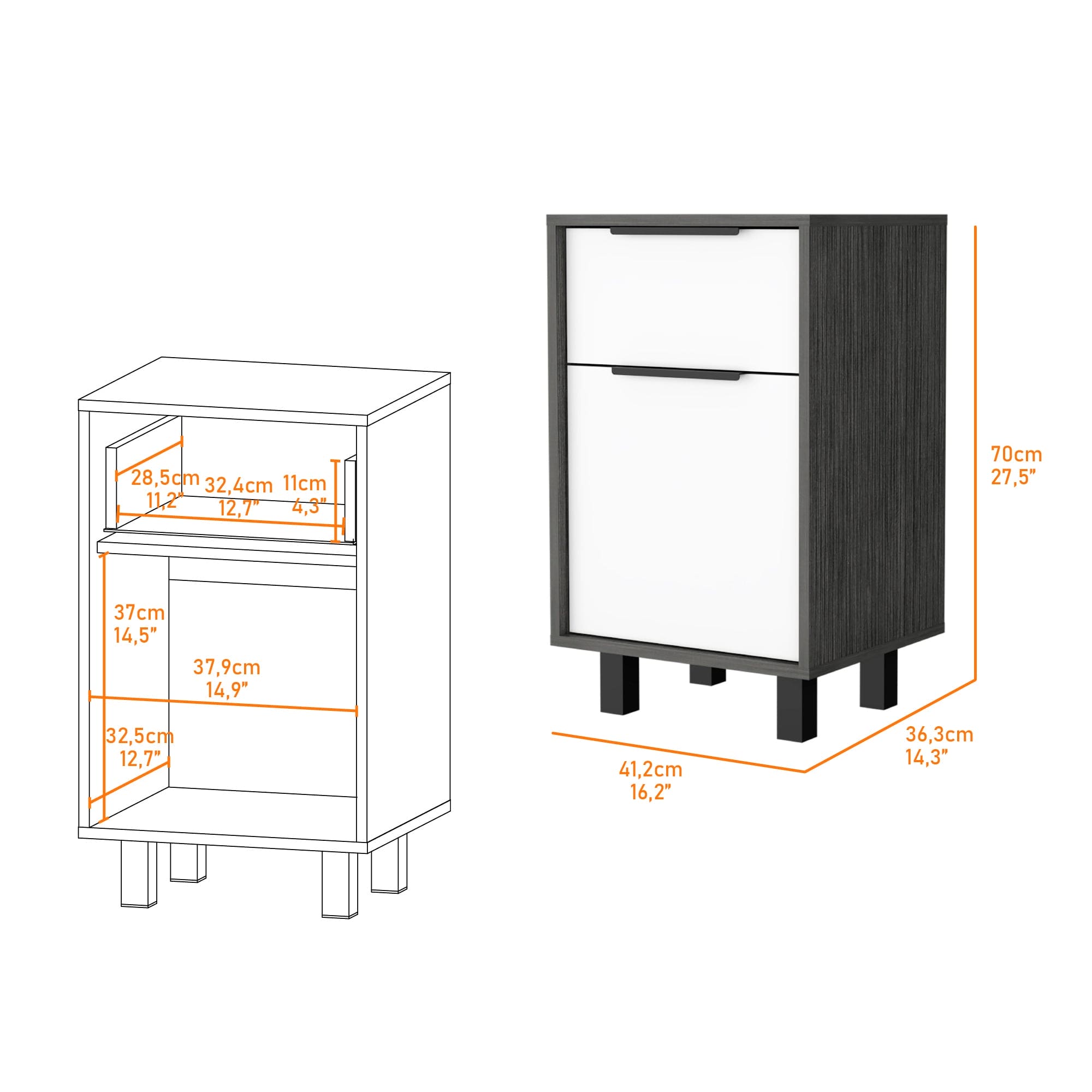 Kaia Z Nightstand, One Drawer, One Cabinet,  Four Legs, Superior Top -Smokey Oak / White