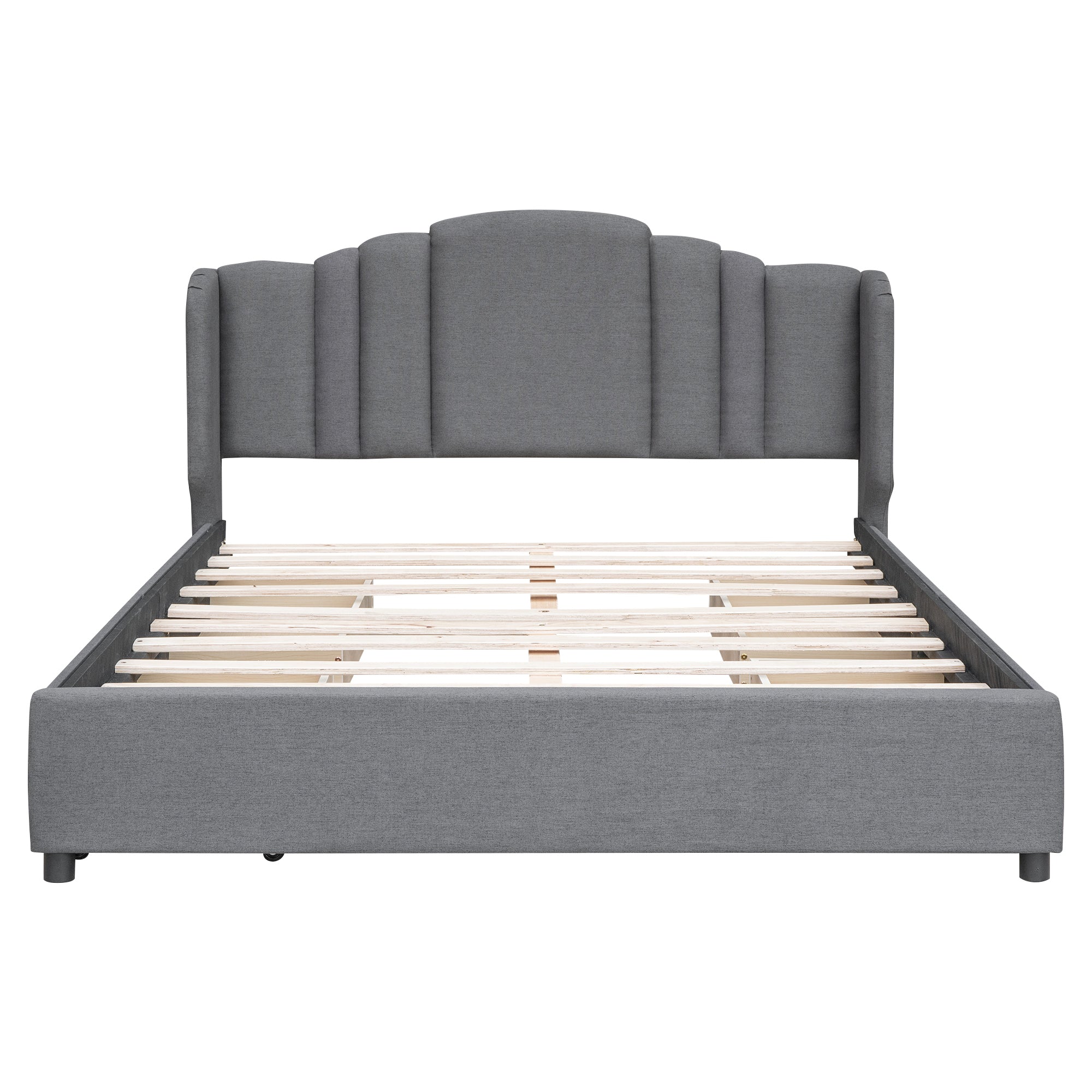 Upholstered Platform Bed with Wingback Headboard and 4 Drawers, No Box Spring Needed, Linen Fabric, Queen Size Gray