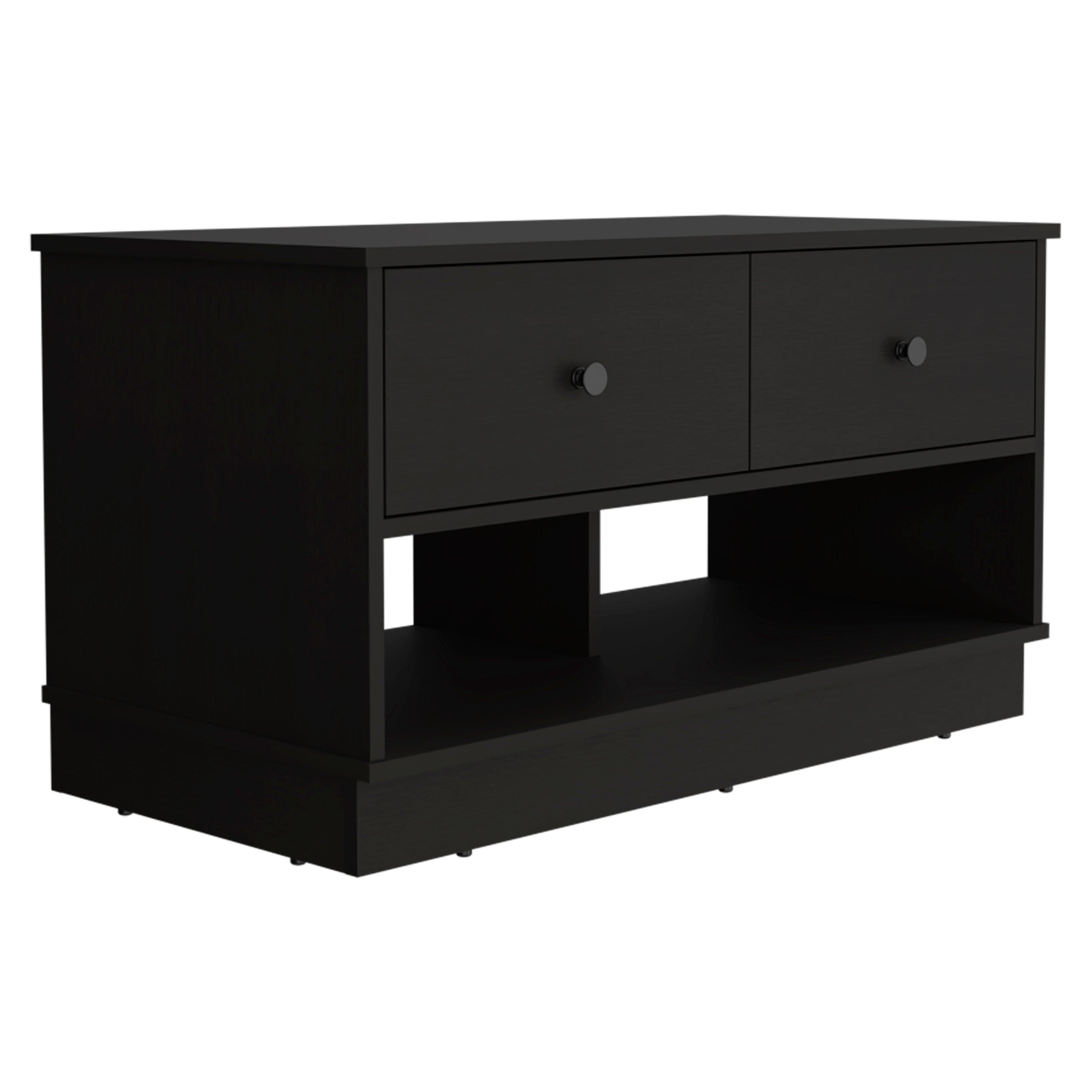 Storage Bench Beji, Lower Shelf, Two Drawers, Black Wengue Finish