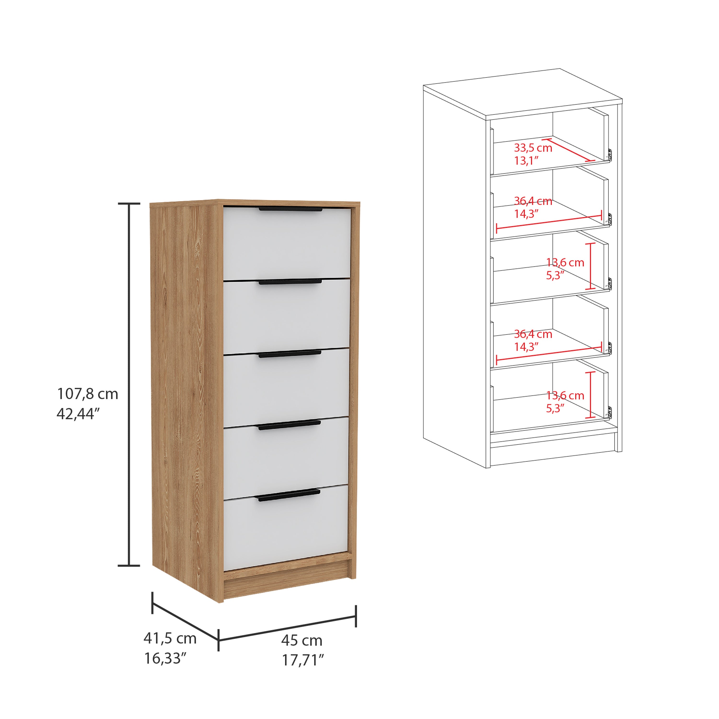 5 Drawers Dresser Maryland, Metal Handle, White / Pine Finish