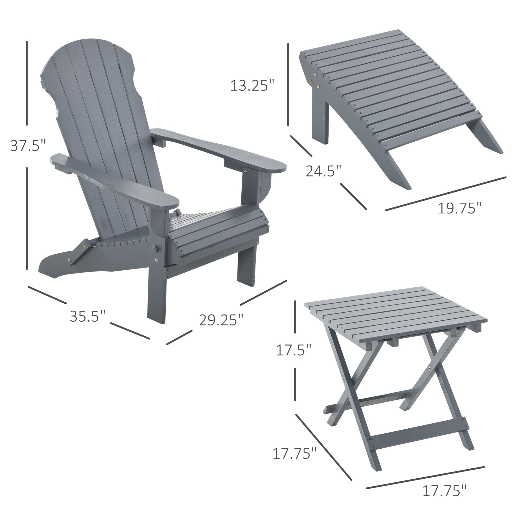 Outsunny 3-Piece Folding Adirondack Chair with Ottoman and Side Table, Outdoor Wooden Fire Pit Chairs w/ High-back, Wide Armrests for Patio, Backyard, Garden, Lawn Furniture, Gray