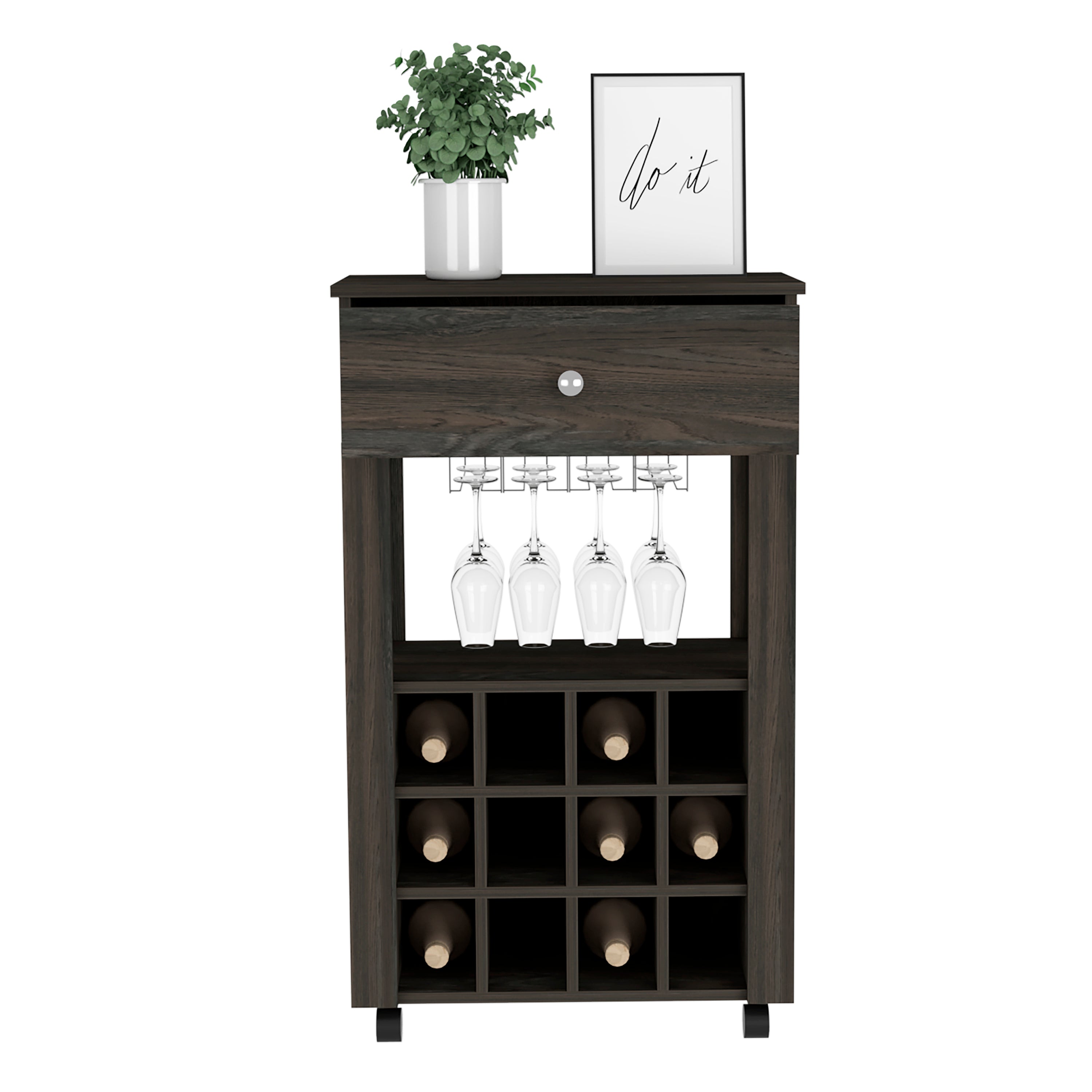 Bar Cart Bayamon, Twelve Wine Cubbies, Four Legs, Carbon Espresso Finish