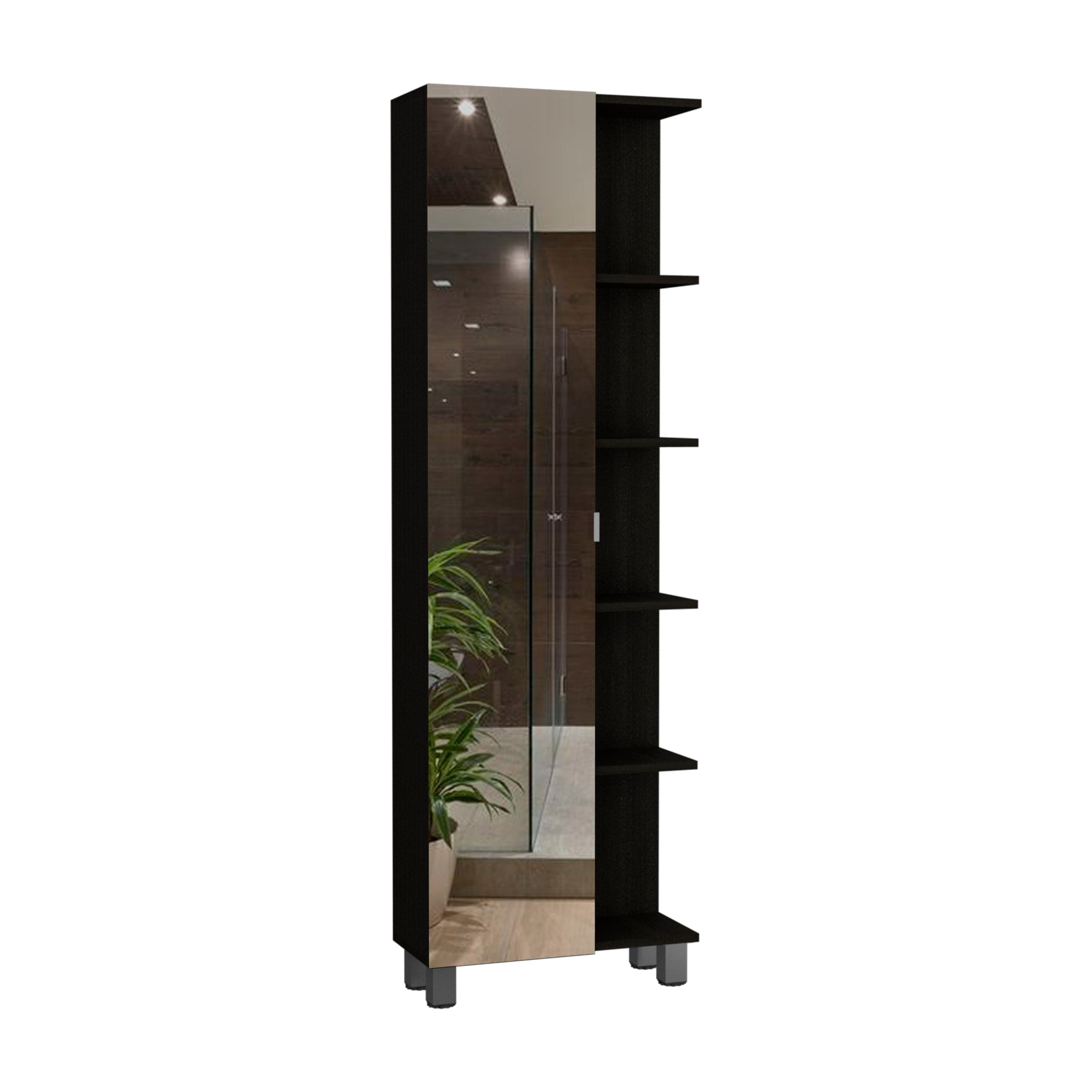 Mirror Linen Cabinet Reno,Four Interior Shelves, Black Wengue Finish