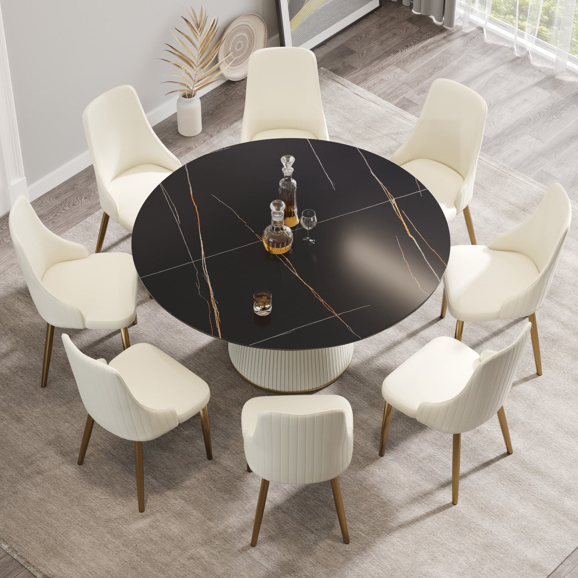 59.05 "Modern black artificial stone round beige plywood PU base dining table-can accommodate 8 people. (Not including chairs. )