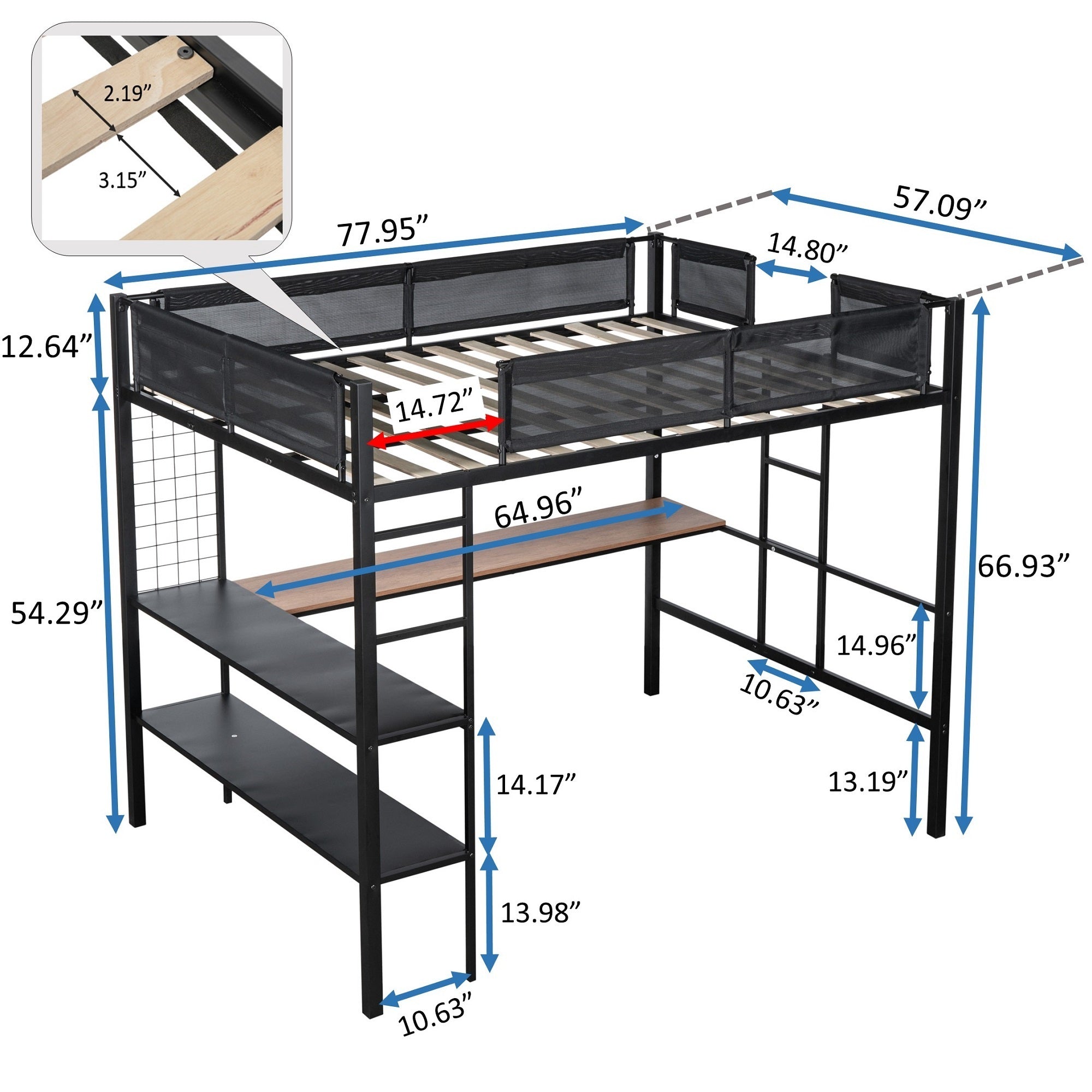 Metal Full Size Loft Bed with Desk & Shelves/ Sturdy Metal Bed Frame/ Noise-free Wood Slats/ Comfortable Textilene Guardrail/ Built-in Desk, 2-tier Shelves & Grid Panel/ 2 Side Ladders