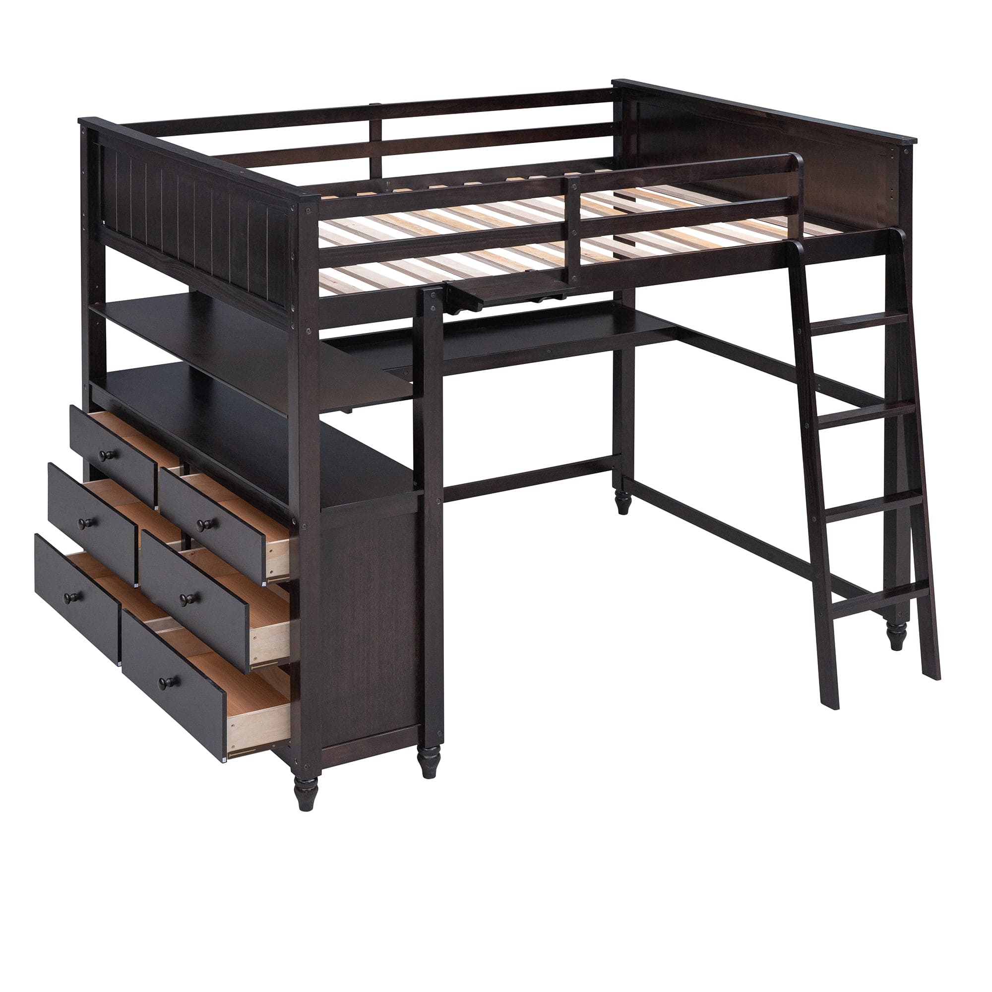 Full size Loft Bed with Drawers and Desk, Wooden Loft Bed with Shelves - Espresso(OLD SKU:LT001529AAP)