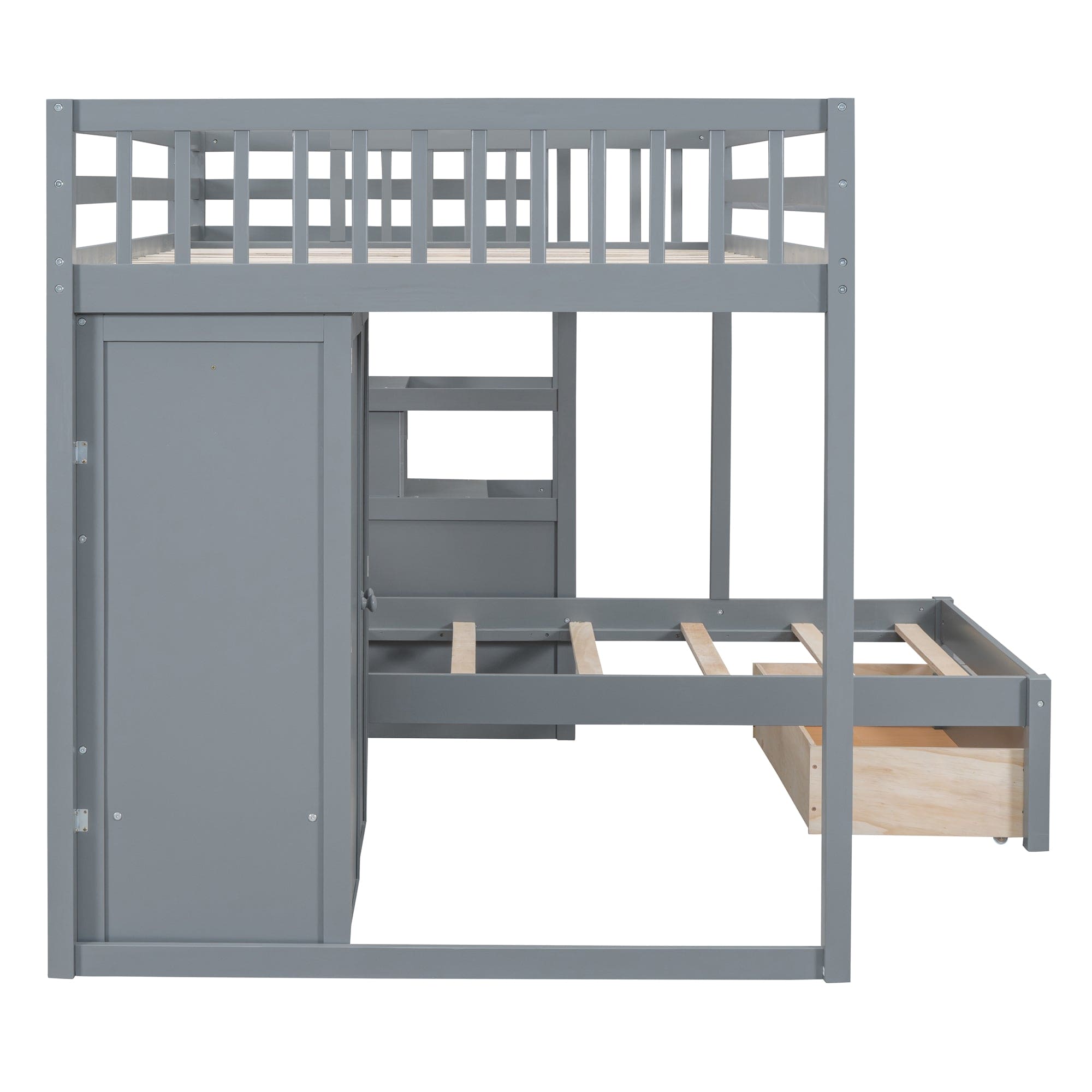 Full Over Twin Bunk Bed with Wardrobe, Drawers, Gray