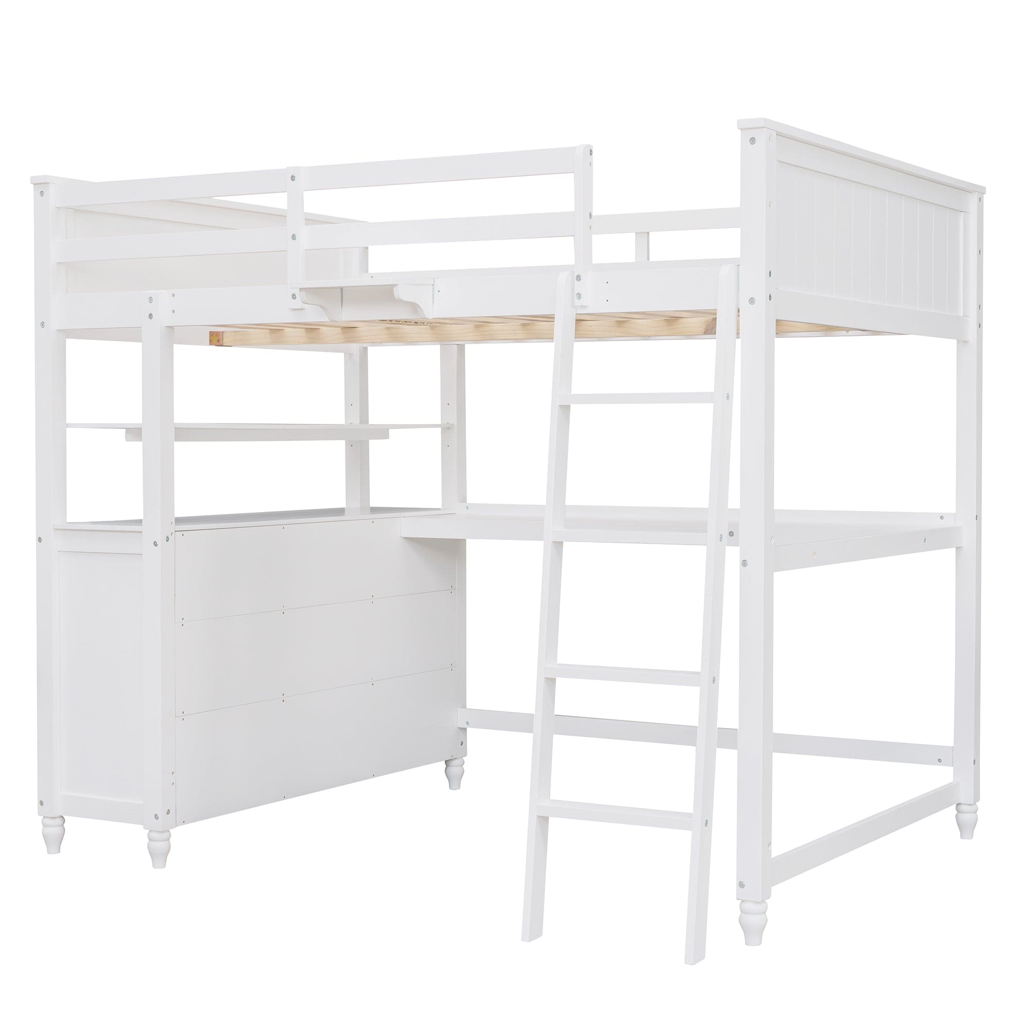 Full size Loft Bed with Drawers and Desk, Wooden Loft Bed with Shelves - White(OLD SKU:LT001529AAK)