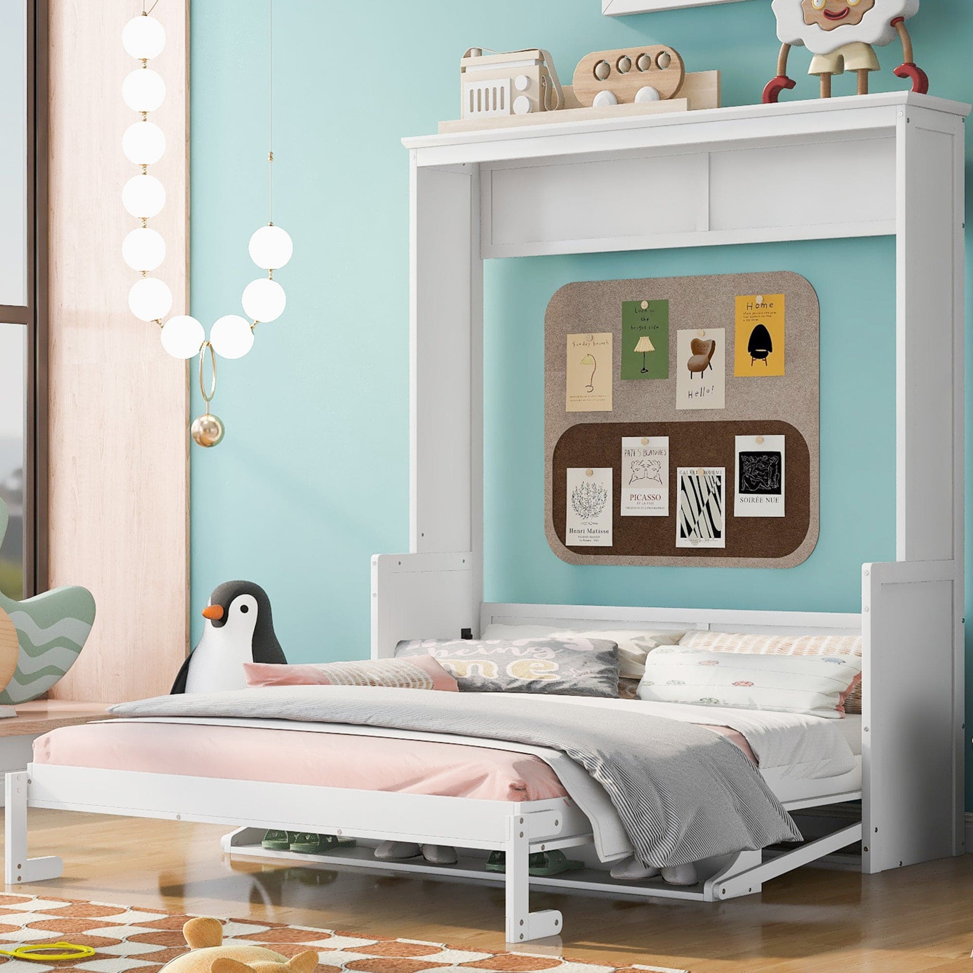 Queen Size Murphy Bed with a Shelf, White