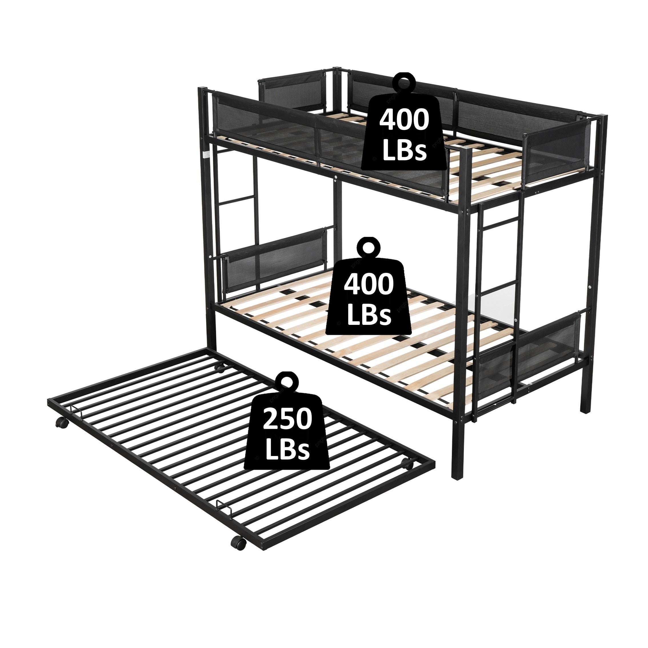 Metal Twin over twin bunk bed with Trundle/ Sturdy Metal Frame/ Noise-Free Wood Slats/ Comfortable Textilene Guardrail/ 2 side Ladders/ Space-Saving Trundle/ Bunk Bed for Three/ No Box Spring Needed