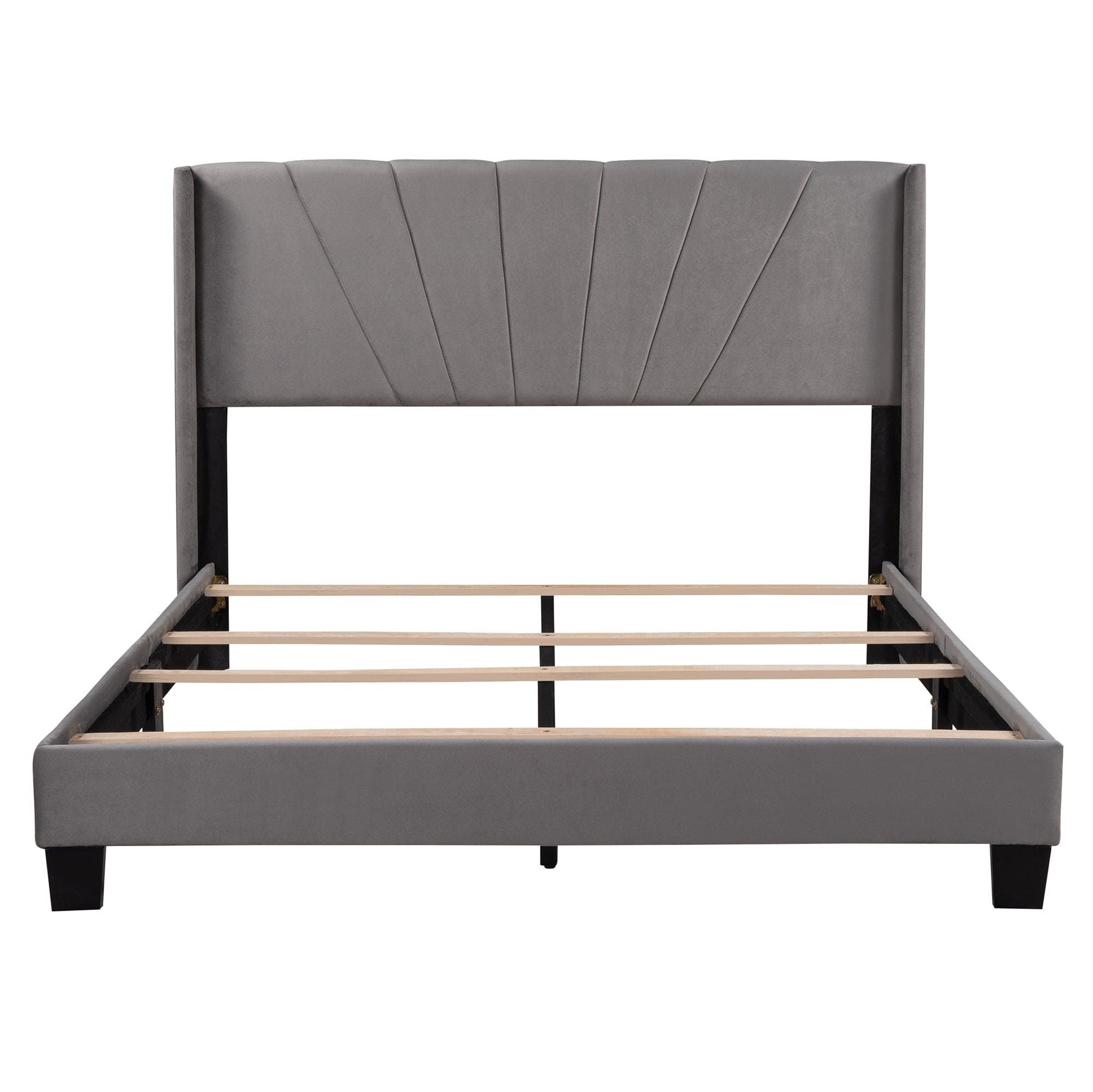 Queen Size Velvet Upholstered Platform Bed, Box Spring Needed - Gray