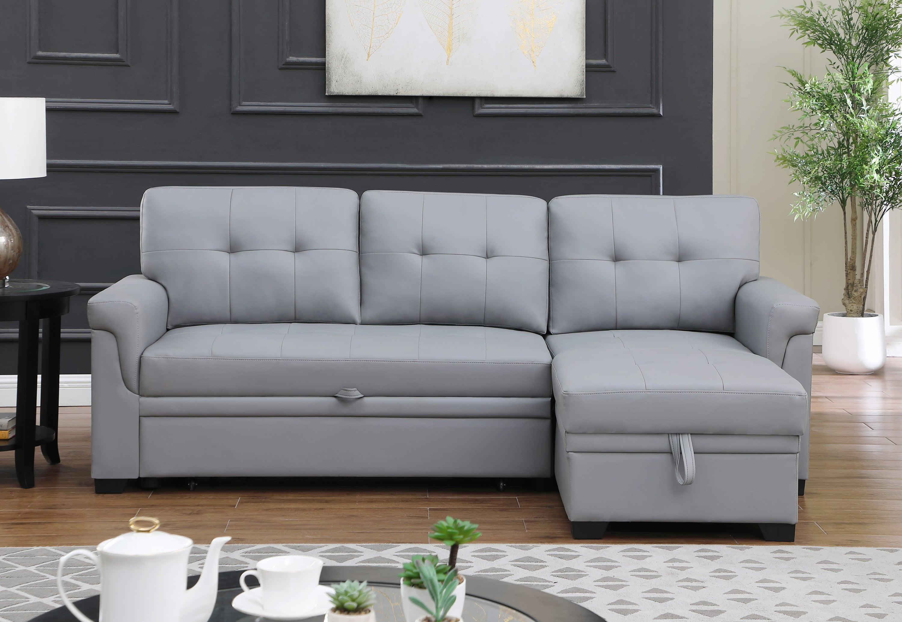 Lexi Gray Vegan Leather Modern Reversible Sleeper Sectional Sofa with Storage Chaise