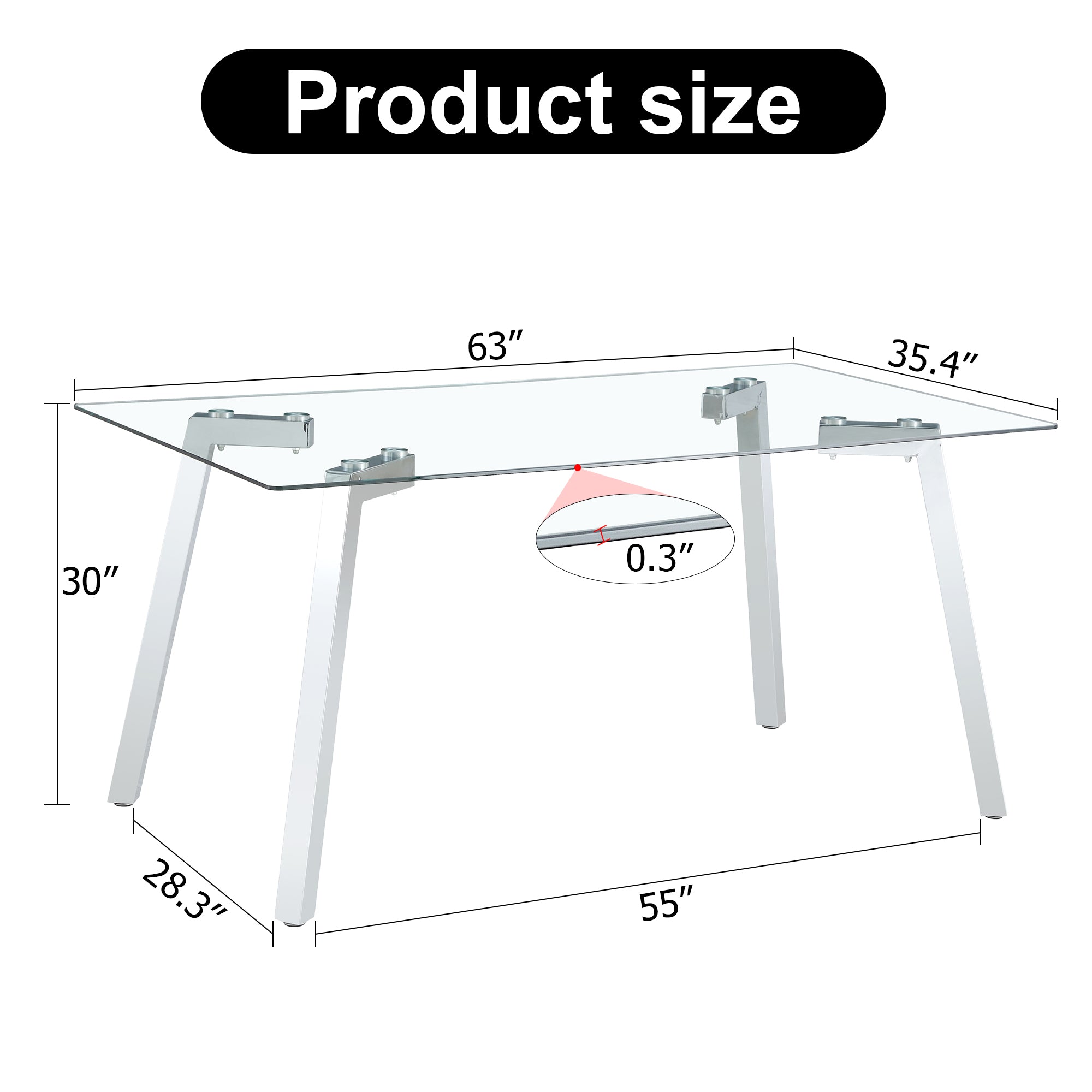 A modern minimalist rectangular glass dining table with tempered glass tabletop and silver metal legs, suitable for kitchens, restaurants, and living rooms,63"*35.4"*30"