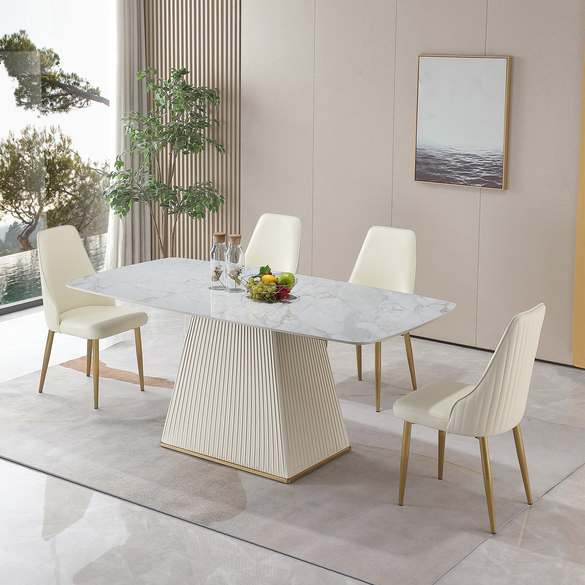 71-Inch Stone DiningTable with Carrara White color and Striped Pedestal Base