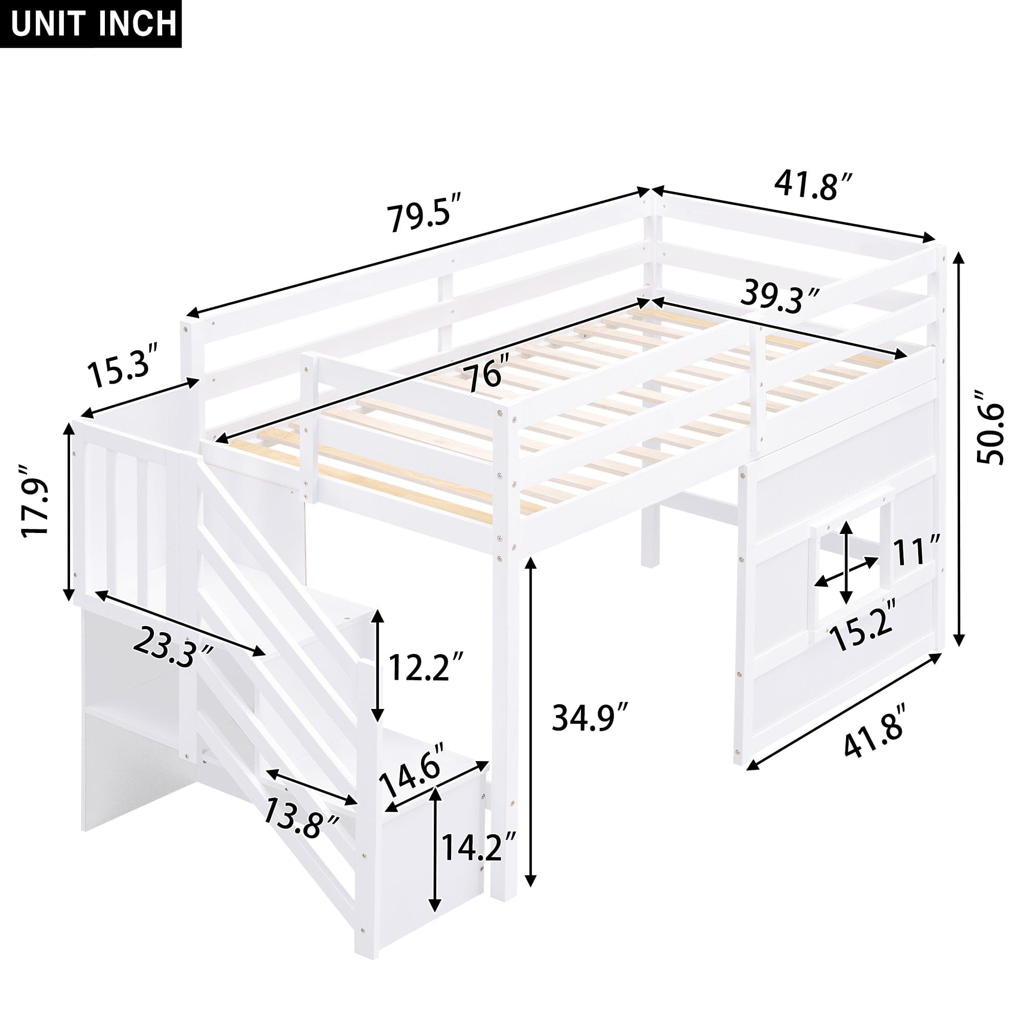 Twin Size Loft Bed with Storage Staircase and Window, White