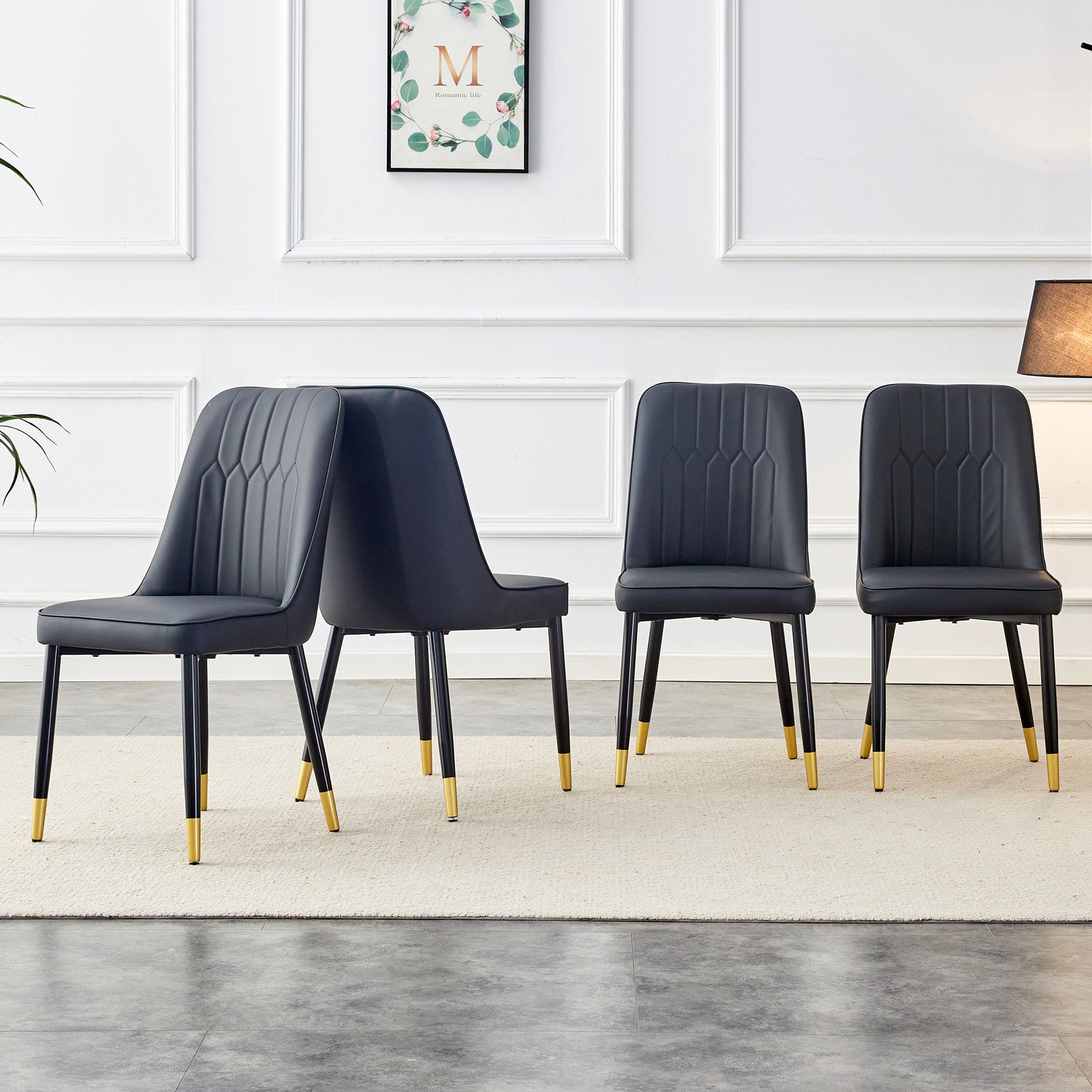 1 table and 4 black chairs. The table features a black imitation marble pattern desktop and black gold MDF legs. Pair with 4 black PU chairs. F-SQ C-007