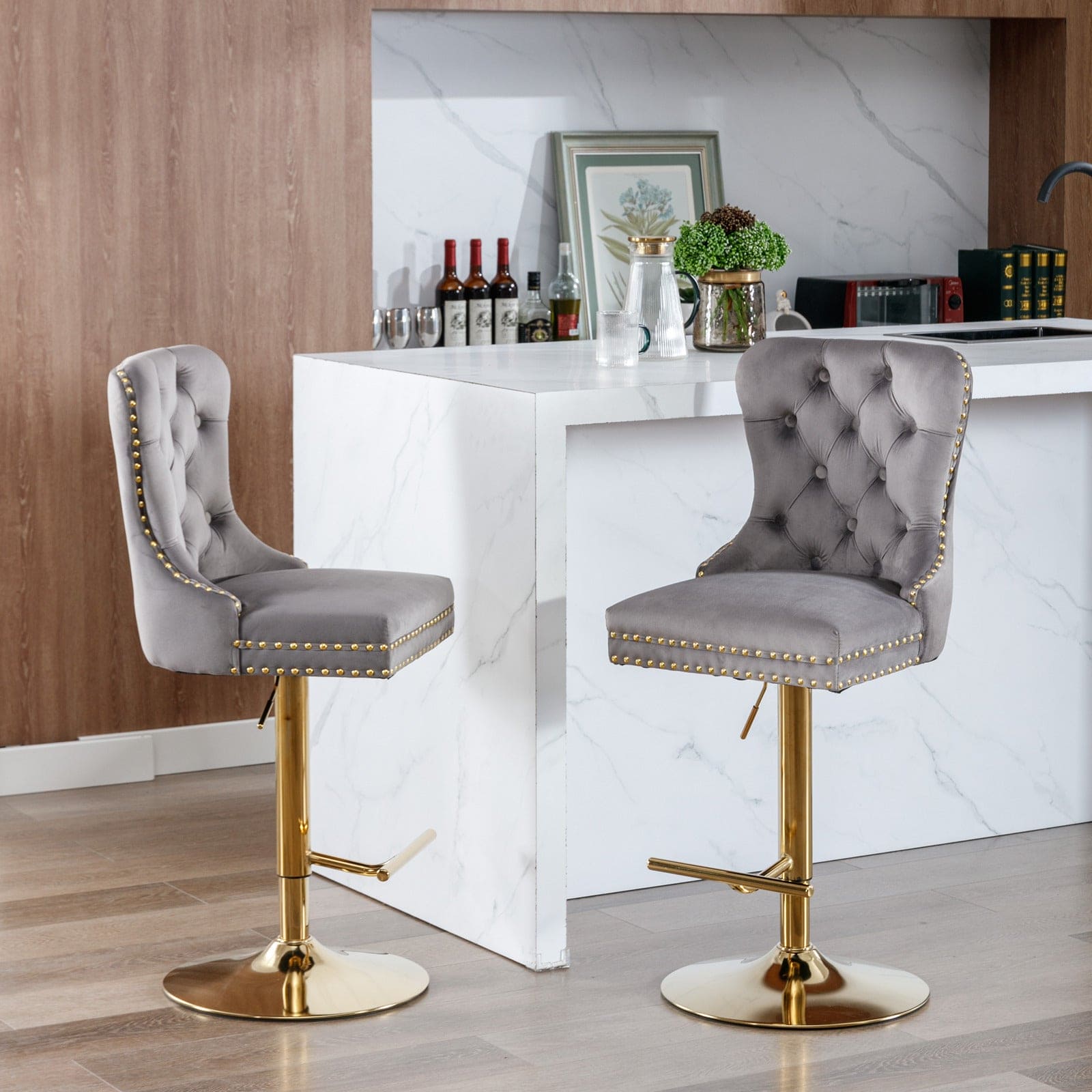 A&A Furniture,Thick Golden Swivel Velvet Barstools Adjusatble Seat Height from 25-33 Inch, Modern Upholstered Bar Stools with Backs Comfortable Tufted for Home Pub and Kitchen Island (Gray,Set of 2)