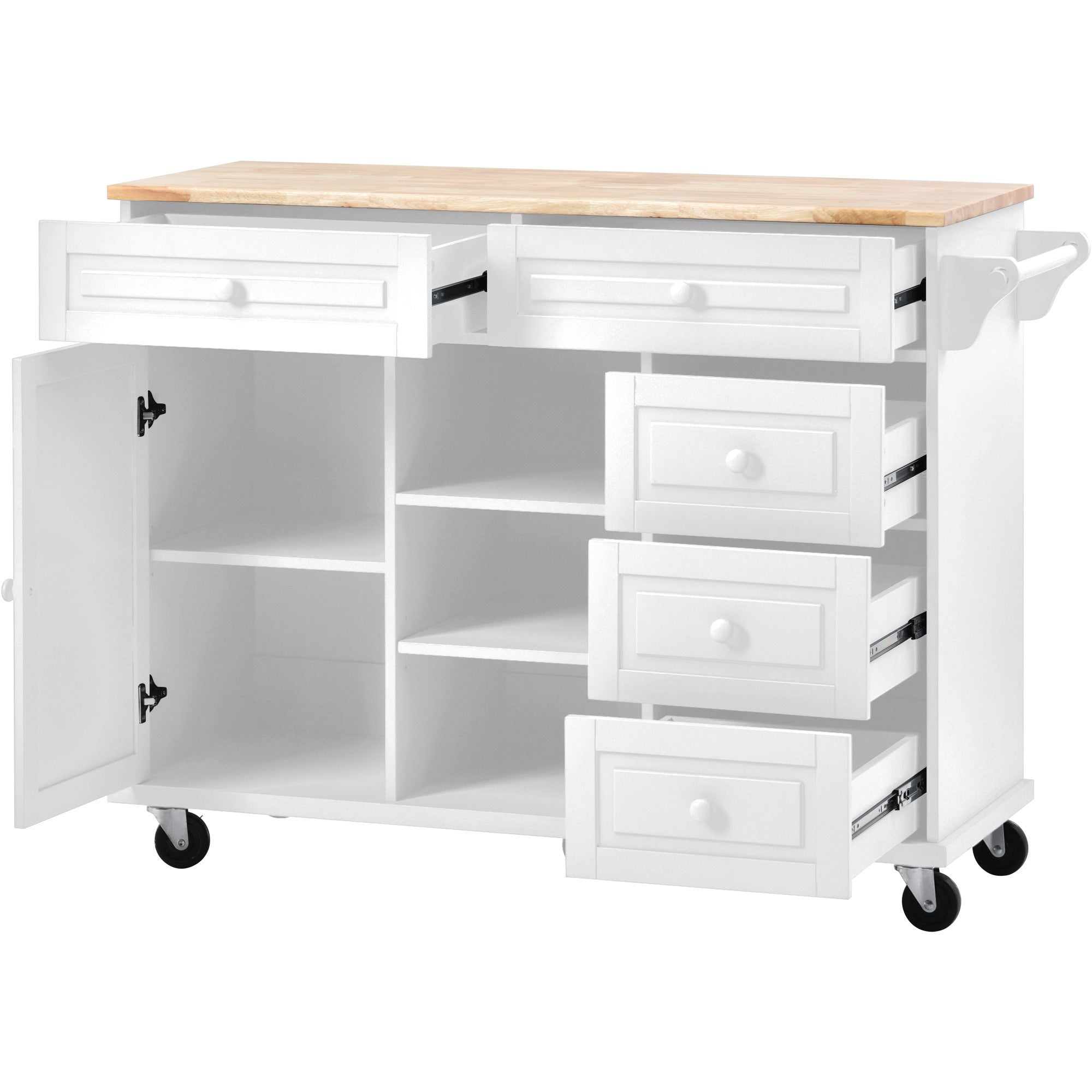 Kitchen cart with Rubber wood desktop rolling mobile kitchen island with storage and 5 draws 53 Inch  length(White)