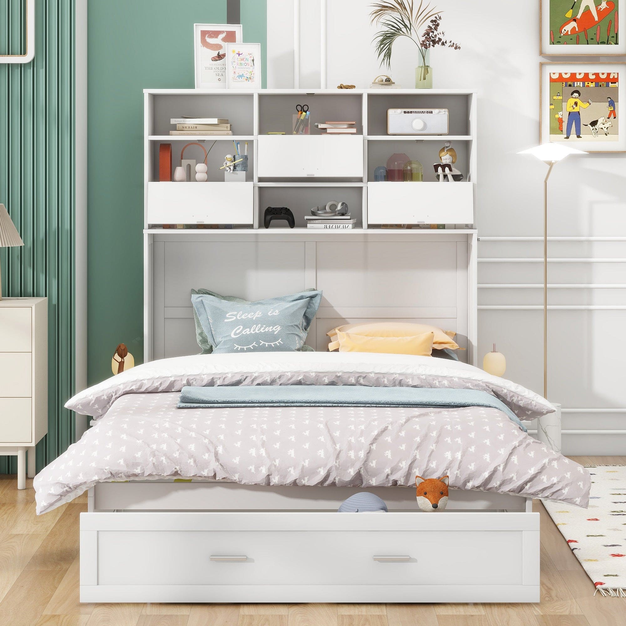 Queen Size Murphy Bed with Bookcase, Bedside Shelves and a Big Drawer, White