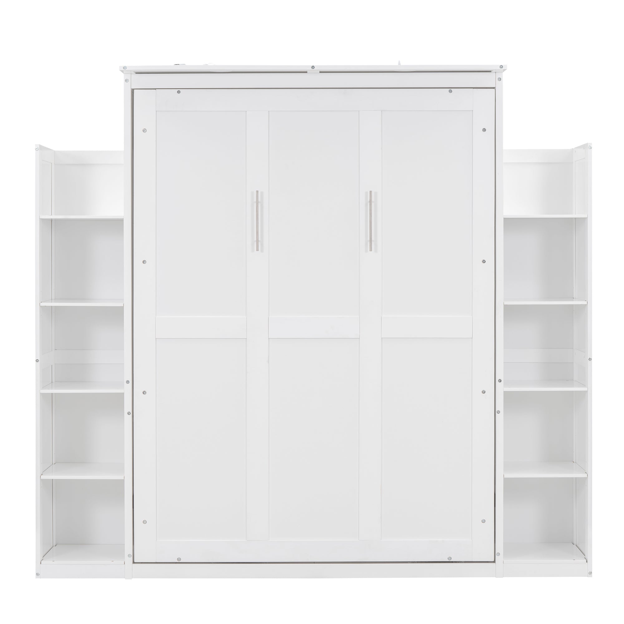 Full Size Murphy Bed Wall Bed with Shelves and LED Lights,White