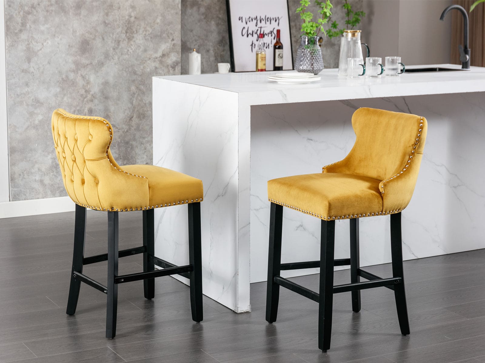 A&A Furniture,Contemporary Velvet Upholstered Wing-Back Barstools with Button Tufted Decoration and Wooden Legs, and Chrome Nailhead Trim, Leisure Style Bar Chairs,Bar stools,Set of 2 (Gold),SW1824GL