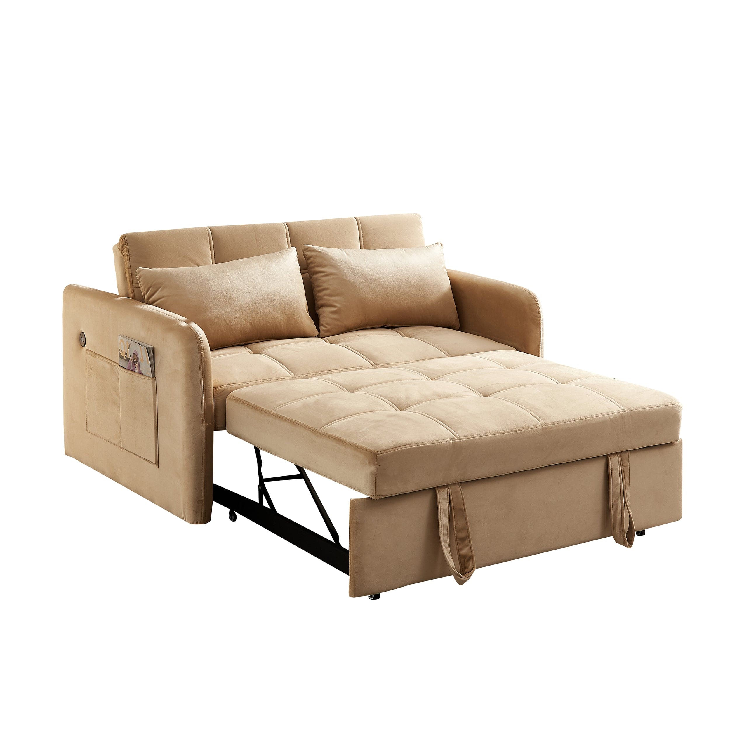 55.5"Twins Pull Out Sofa Bed  Khaki Velvet