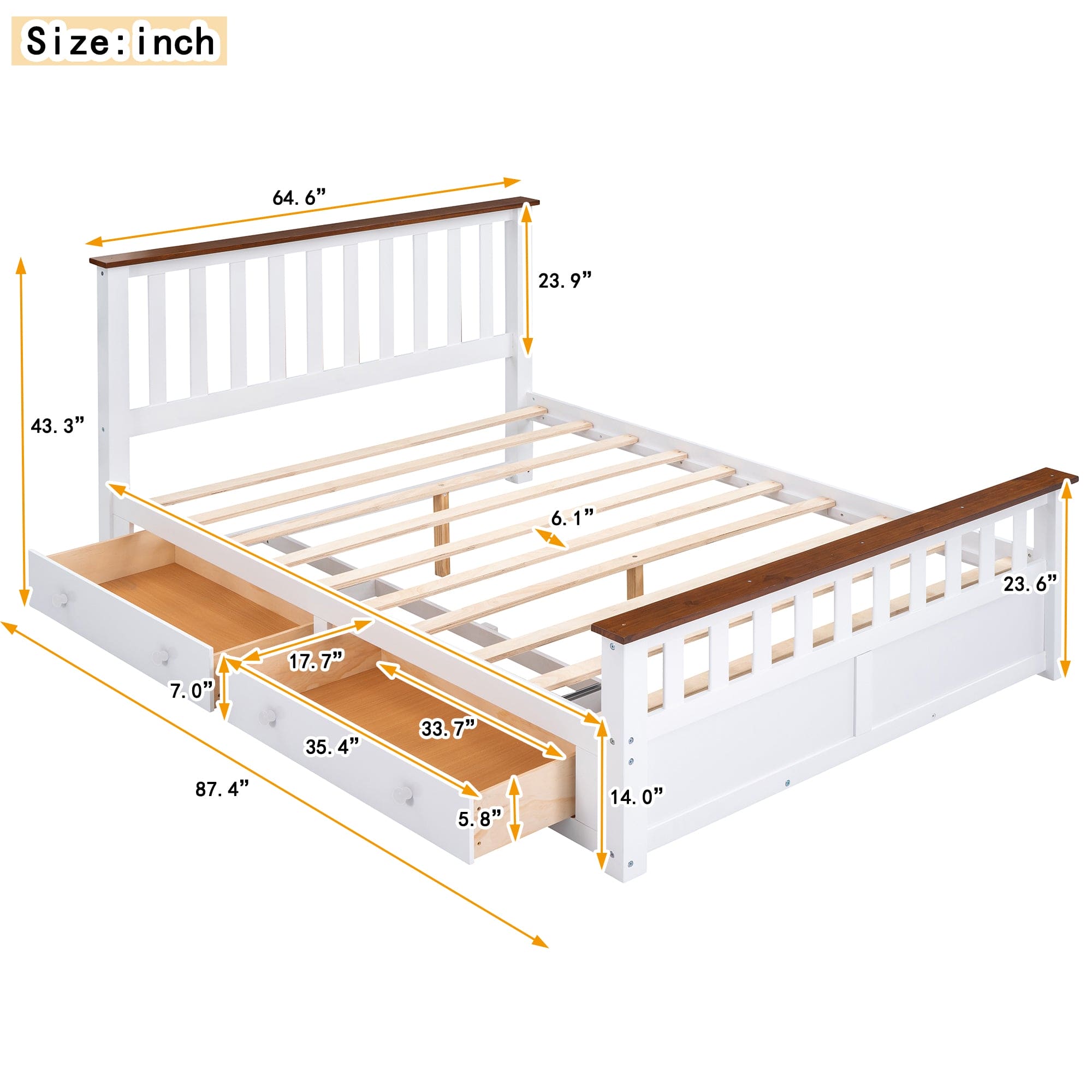 Queen Size Wood Platform Bed with Two Drawers and Wooden Slat Support,White+walnut