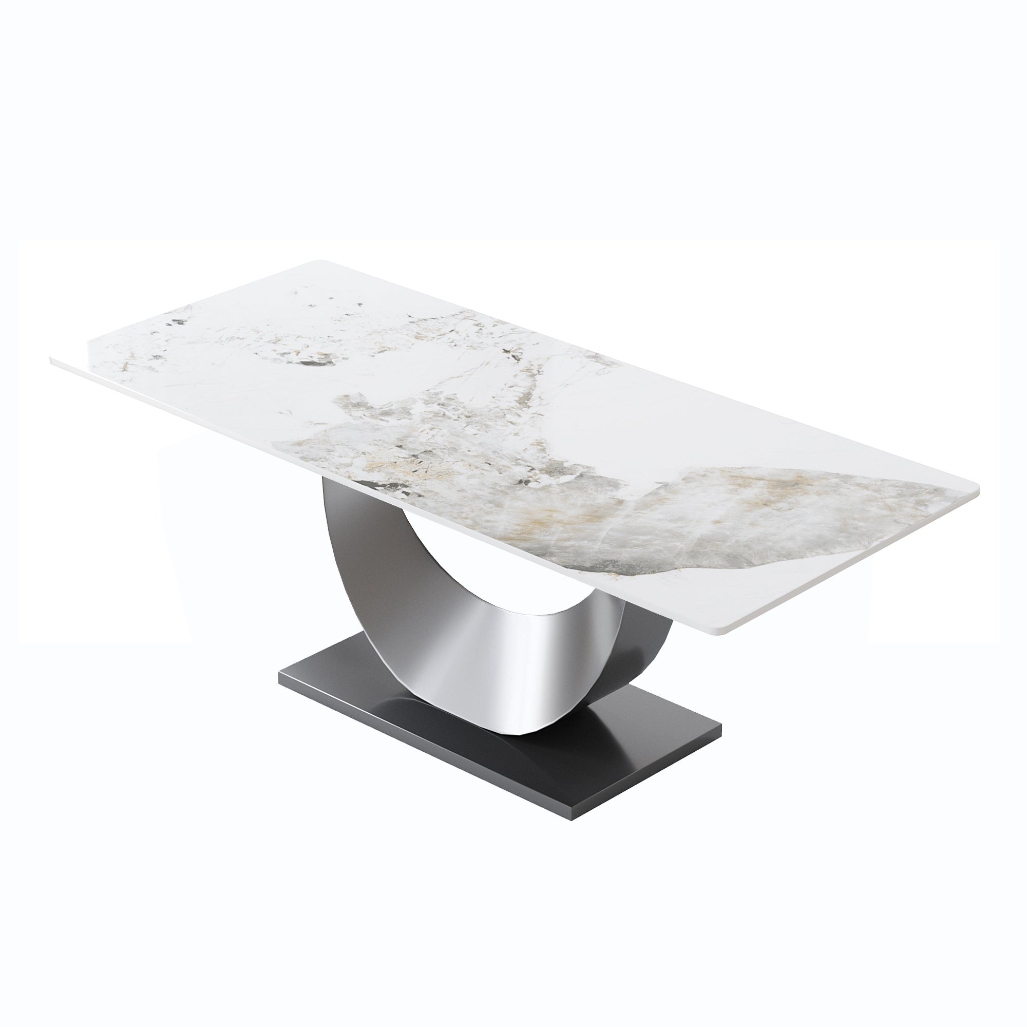 78.74" modern artificial stone pandora white crescent-shaped black metal legs-can accommodate 8 people.