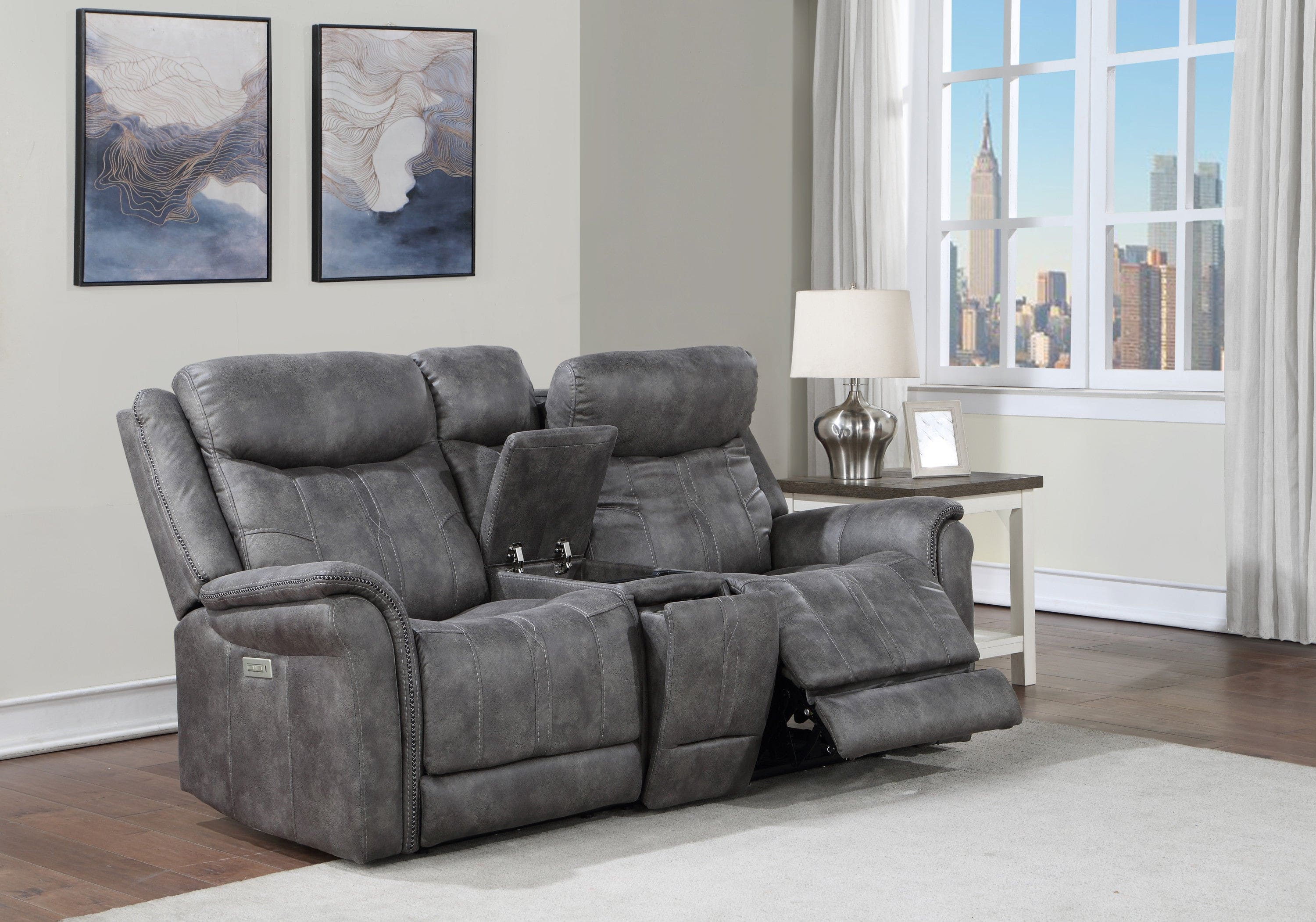 Transitional Console Loveseat - Gray Faux-Suede, Power Footrest, Power Headrest - Concealed Cupholders, Built-In Console - Comfortable and Durable Design