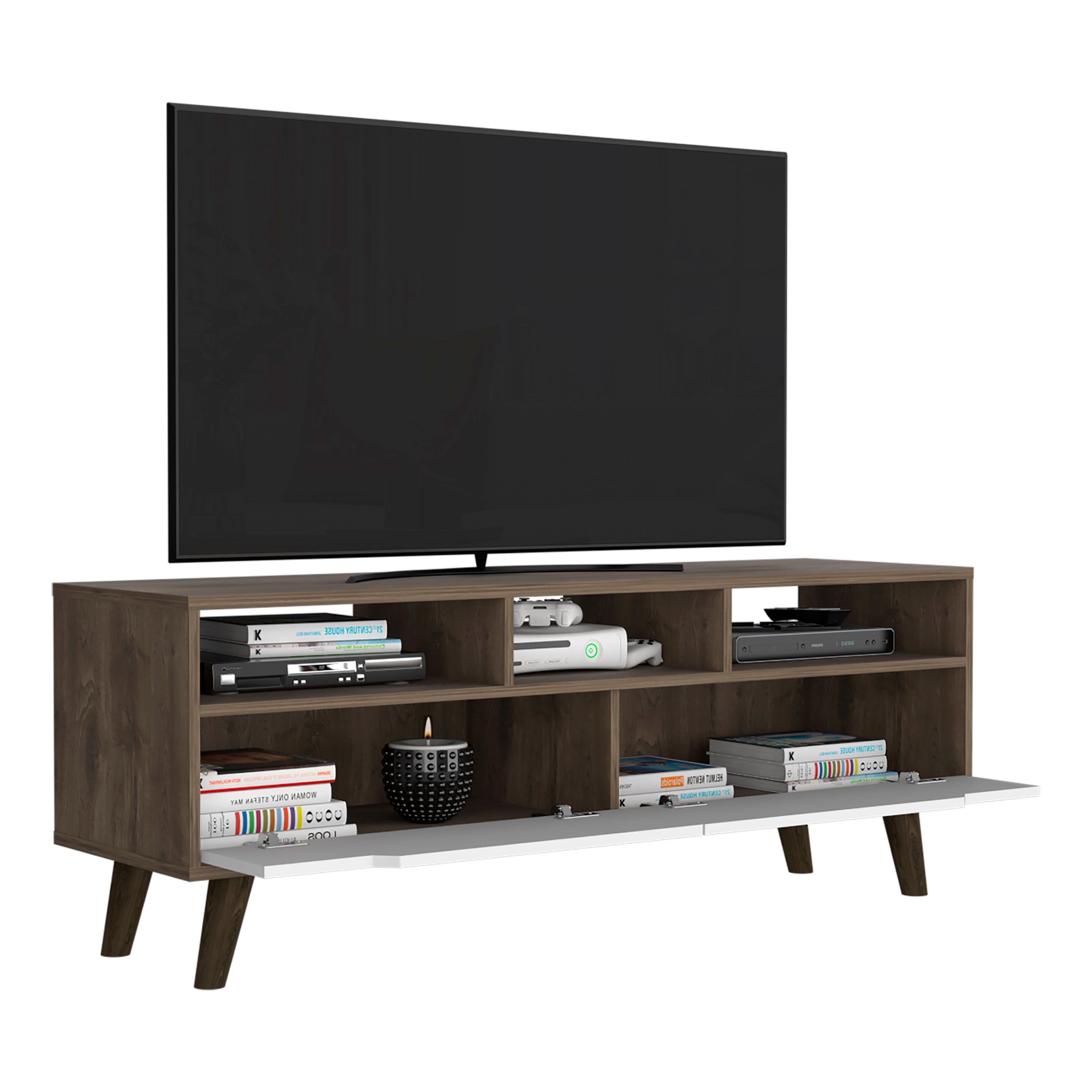 Tv Stand 2.0 For TV´s up 52" Bull, Three Open Shelves,Two Drawers, Dark Brown / White Finish