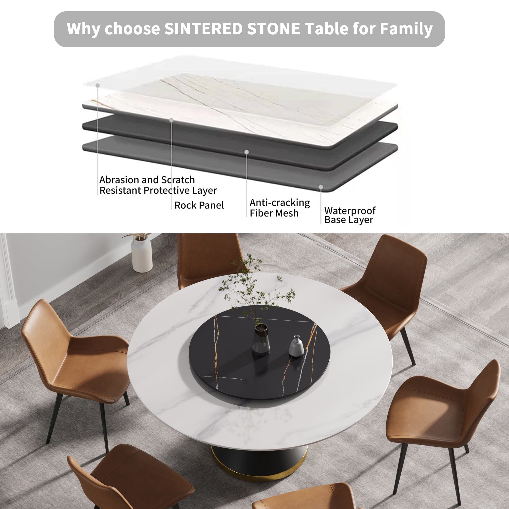 59.05"Modern artificial stone round black carbon steel base dining table-can accommodate 6 people-31.5"black artificial stone turntable