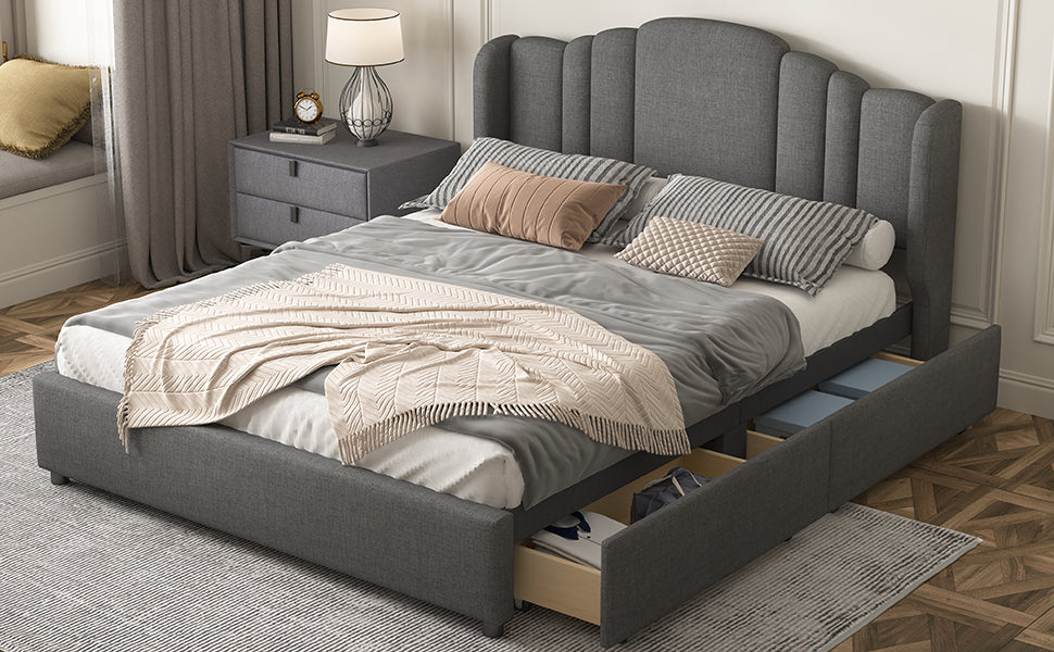 Upholstered Platform Bed with Wingback Headboard and 4 Drawers, No Box Spring Needed, Linen Fabric, Queen Size Gray