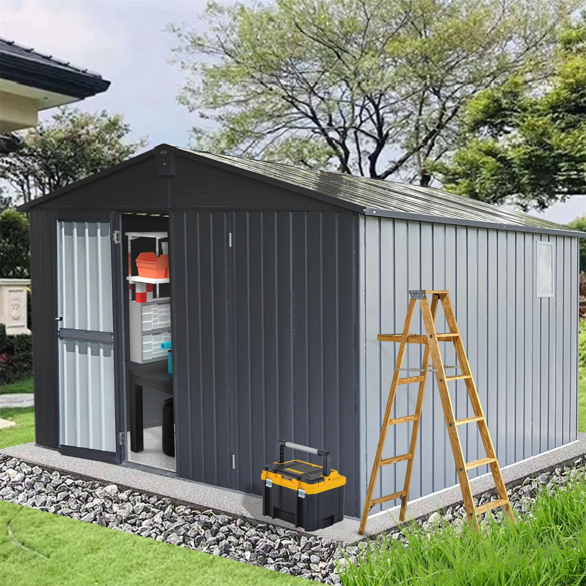 Backyard Storage Shed 11' x 12.5' with Galvanized Steel Frame & Windows, Outdoor Garden Shed Metal Utility Tool Storage Room with Lockable Door for Patio(Dark Gray)