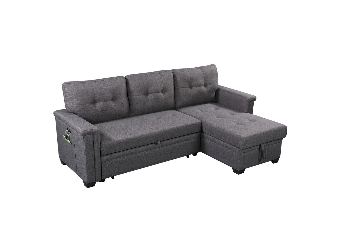 Ashlyn Dark Gray Reversible Sleeper Sectional Sofa with Storage Chaise, USB Charging Ports and Pocket