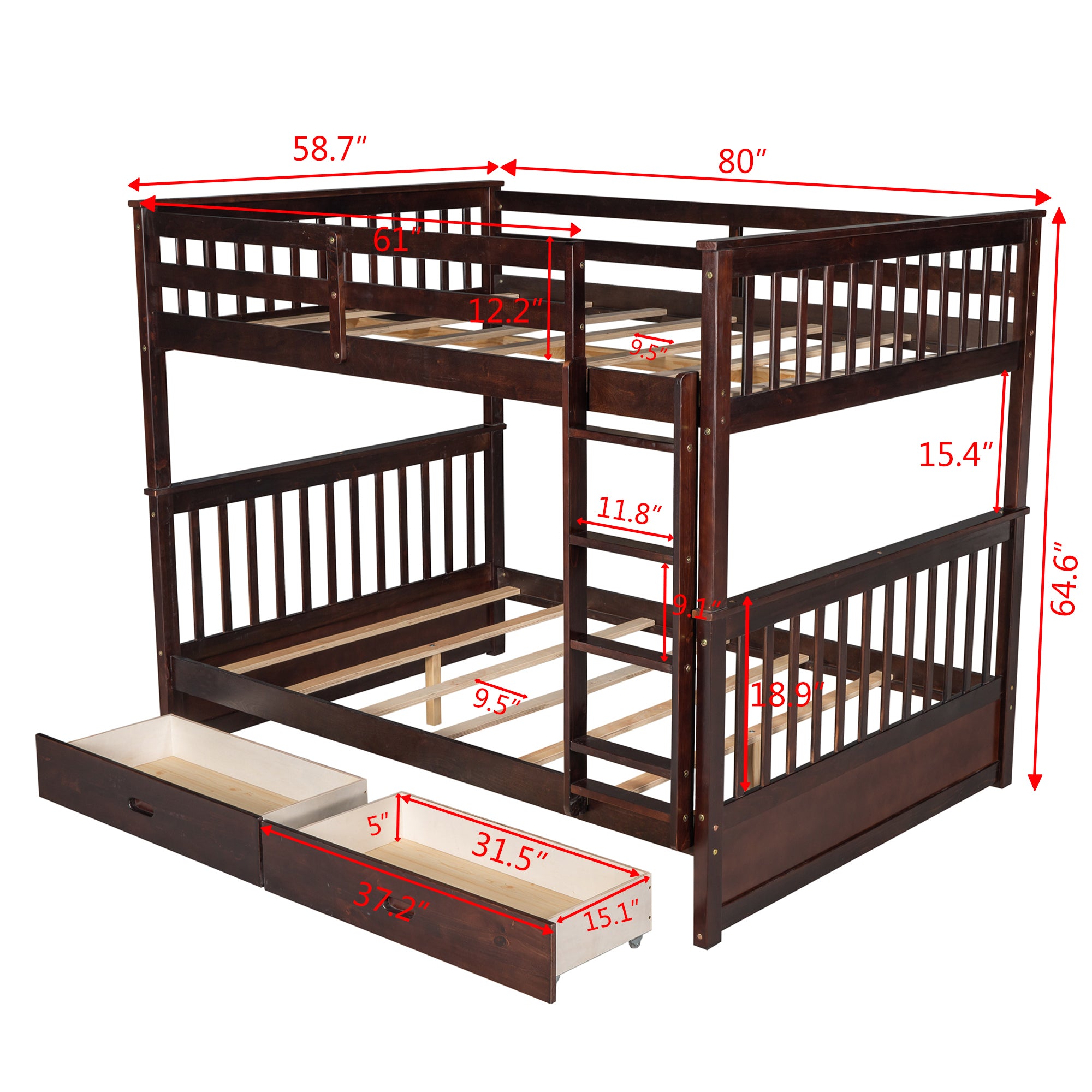 Full-Over-Full Bunk Bed with Ladders and Two Storage Drawers (Espresso)(OLD SKU:LT000365AAP)