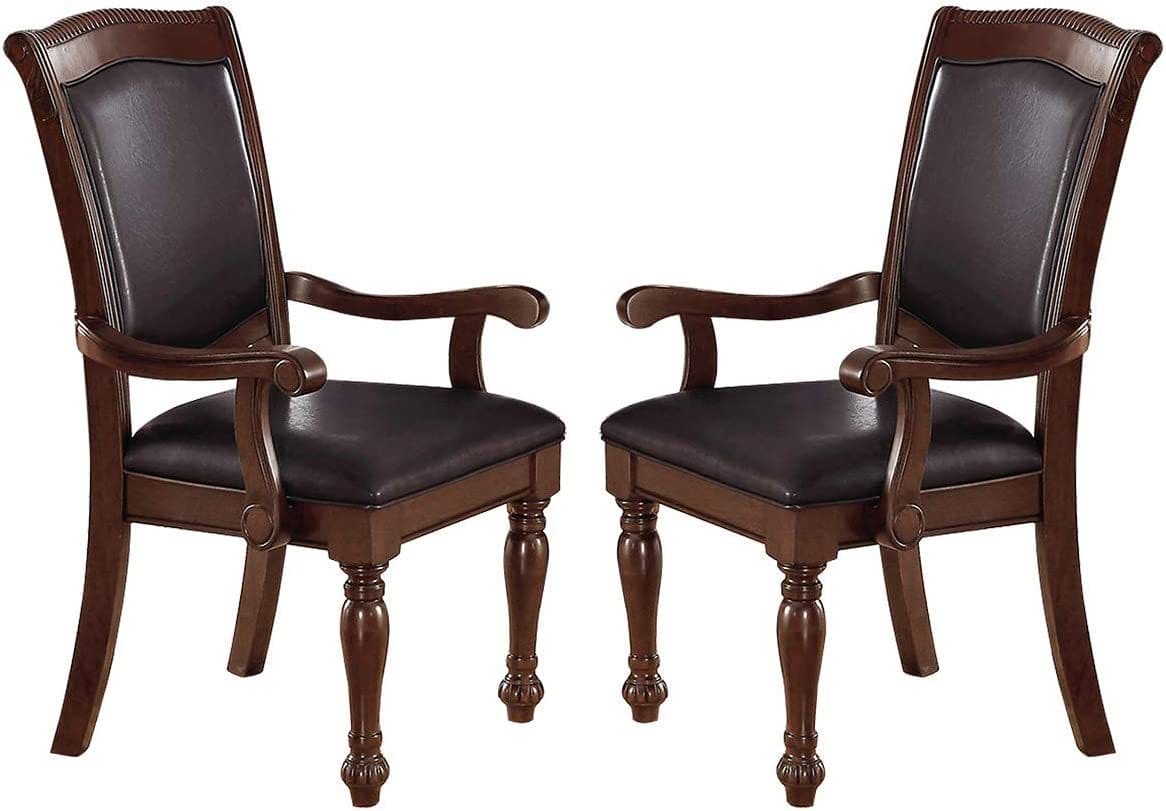 Royal Majestic Formal Set of 2 Arm Chairs Brown Color Rubberwood Dining Room Furniture Faux Leather Upholstered Seat