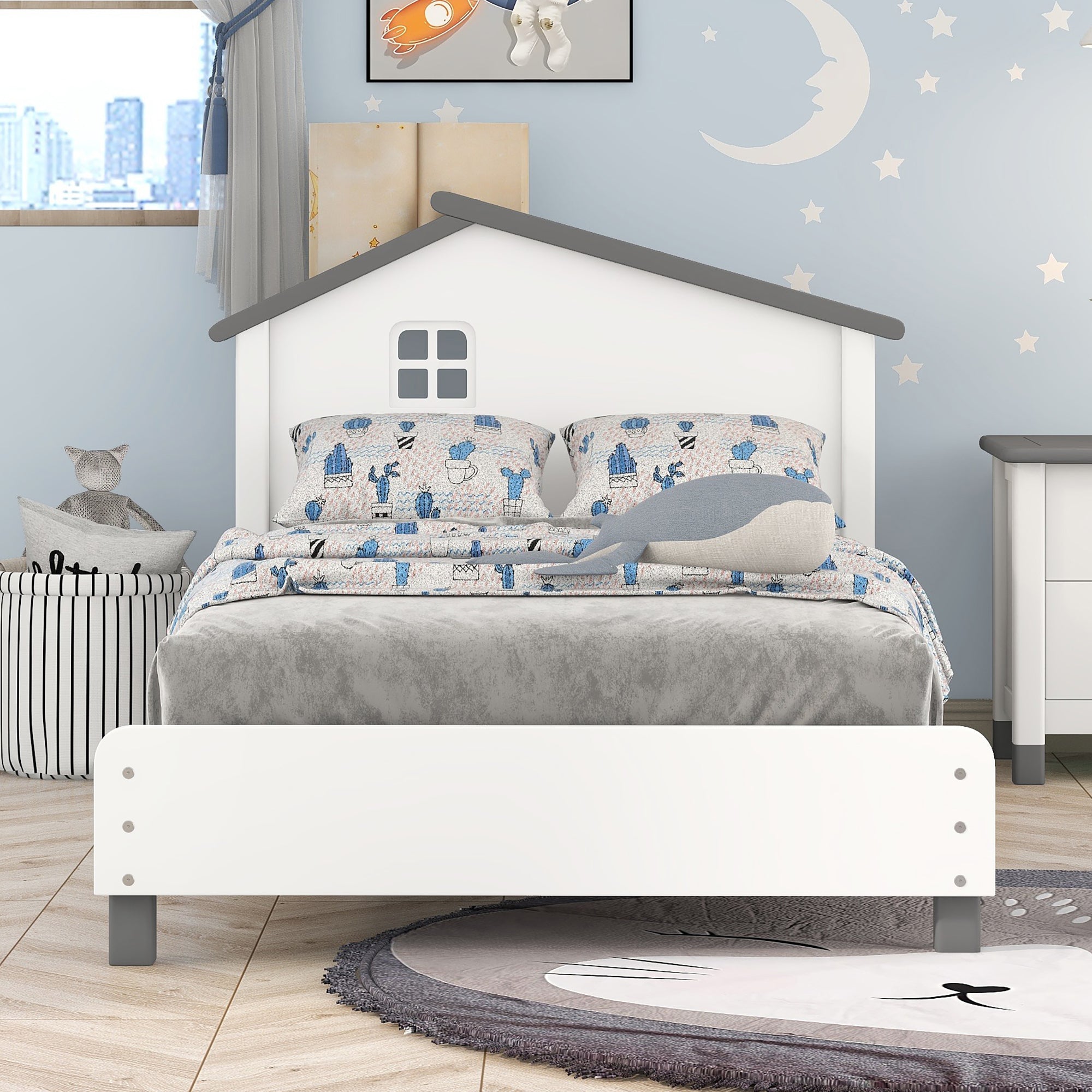 Twin Size Wood Platform Bed with House-shaped Headboard  (White+Gray)