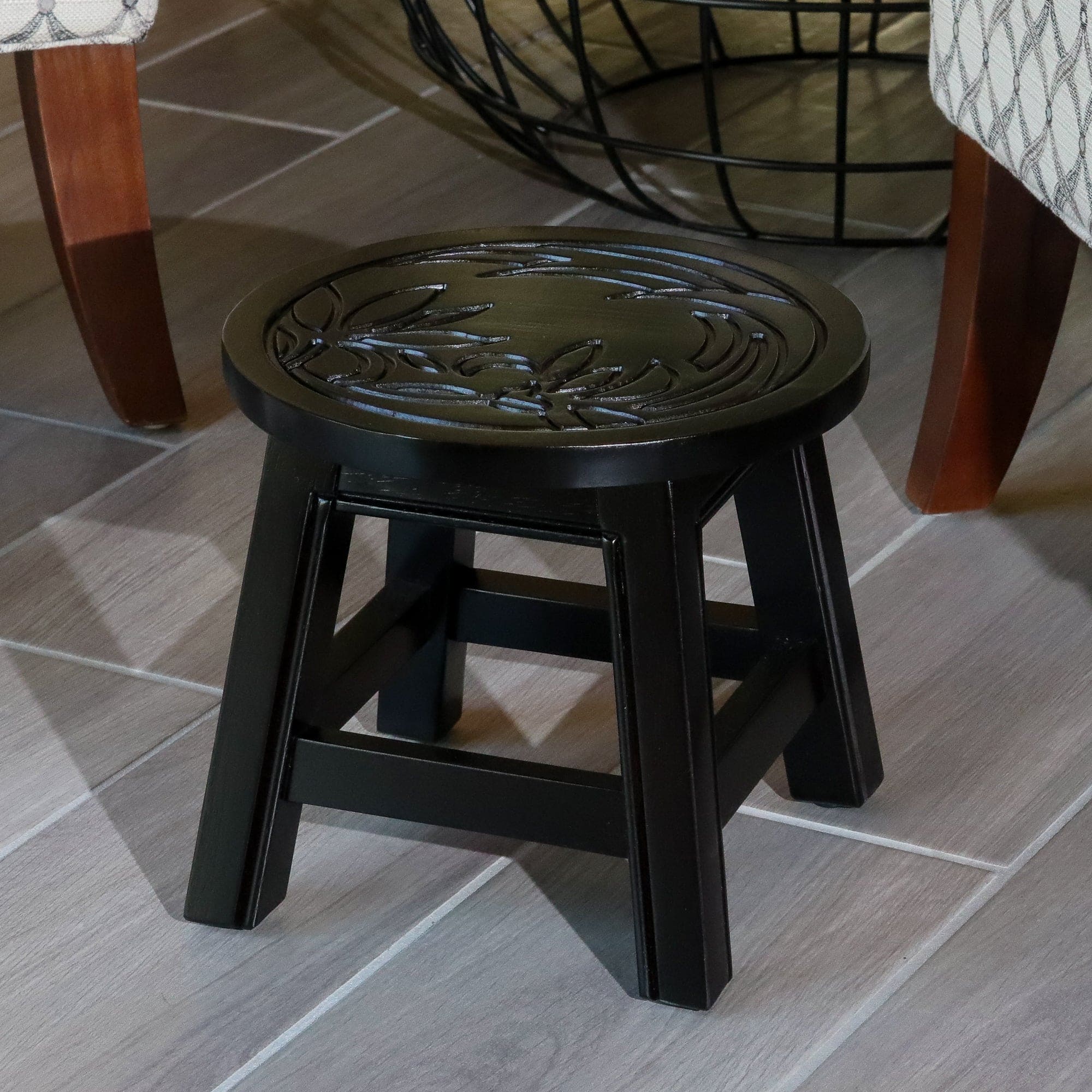 Carved Wooden Step Stool, Floral, Espresso