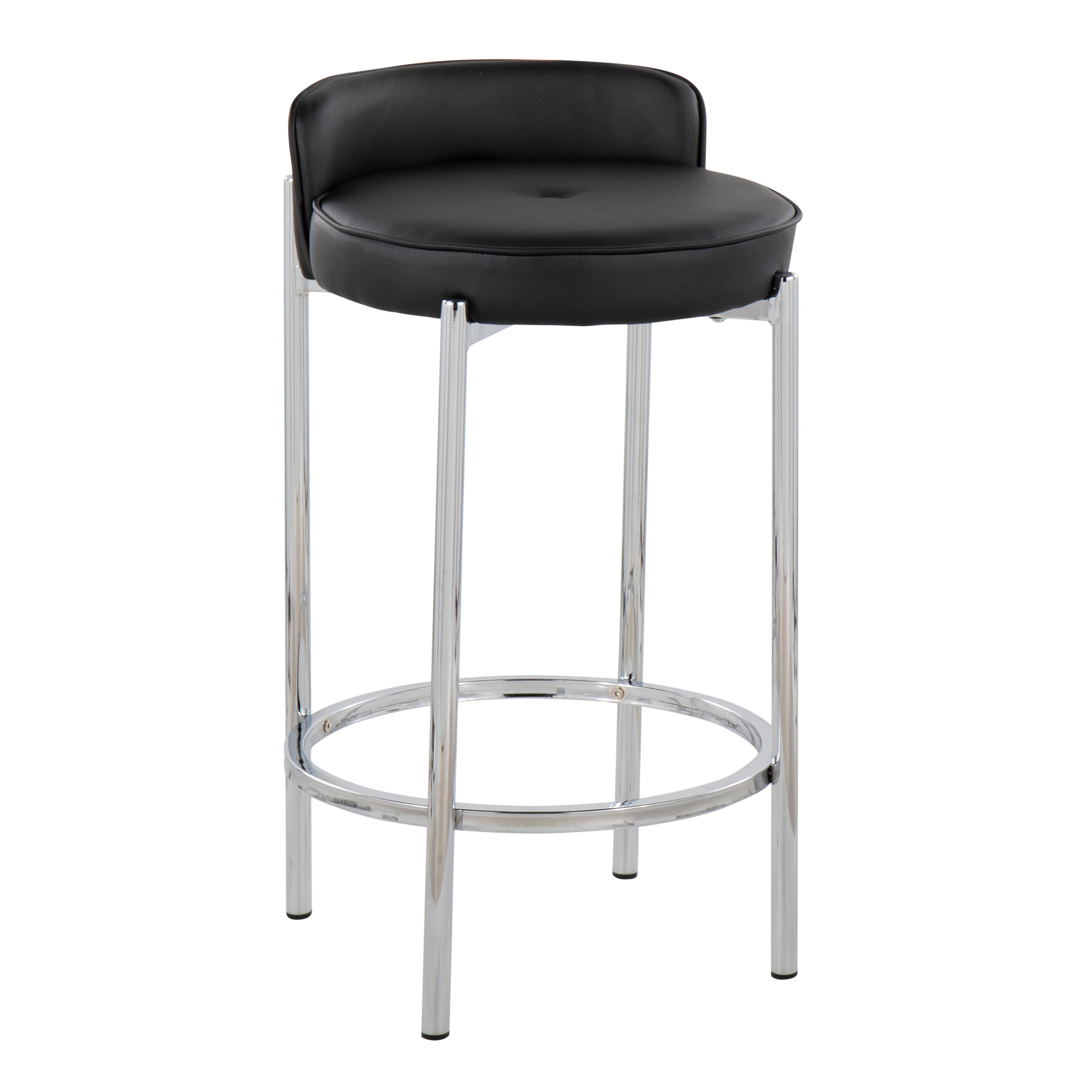 Chloe Contemporary Counter Stool in Chrome Metal and Black Faux Leather by LumiSource - Set of 2