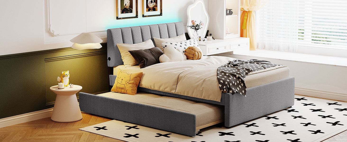 Teddy Fleece Full Size Upholstered Platform Bed with Trundle, Gray