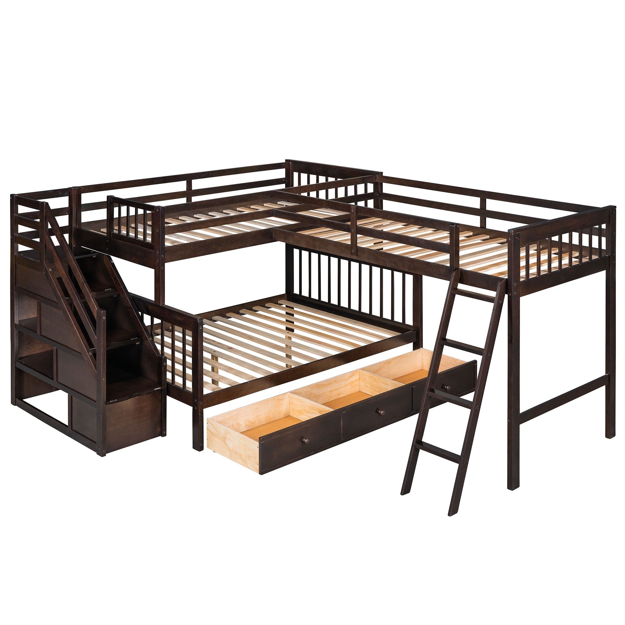 Twin over Full L-Shaped Bunk Bed With 3 Drawers, Ladder and Staircase - Espresso