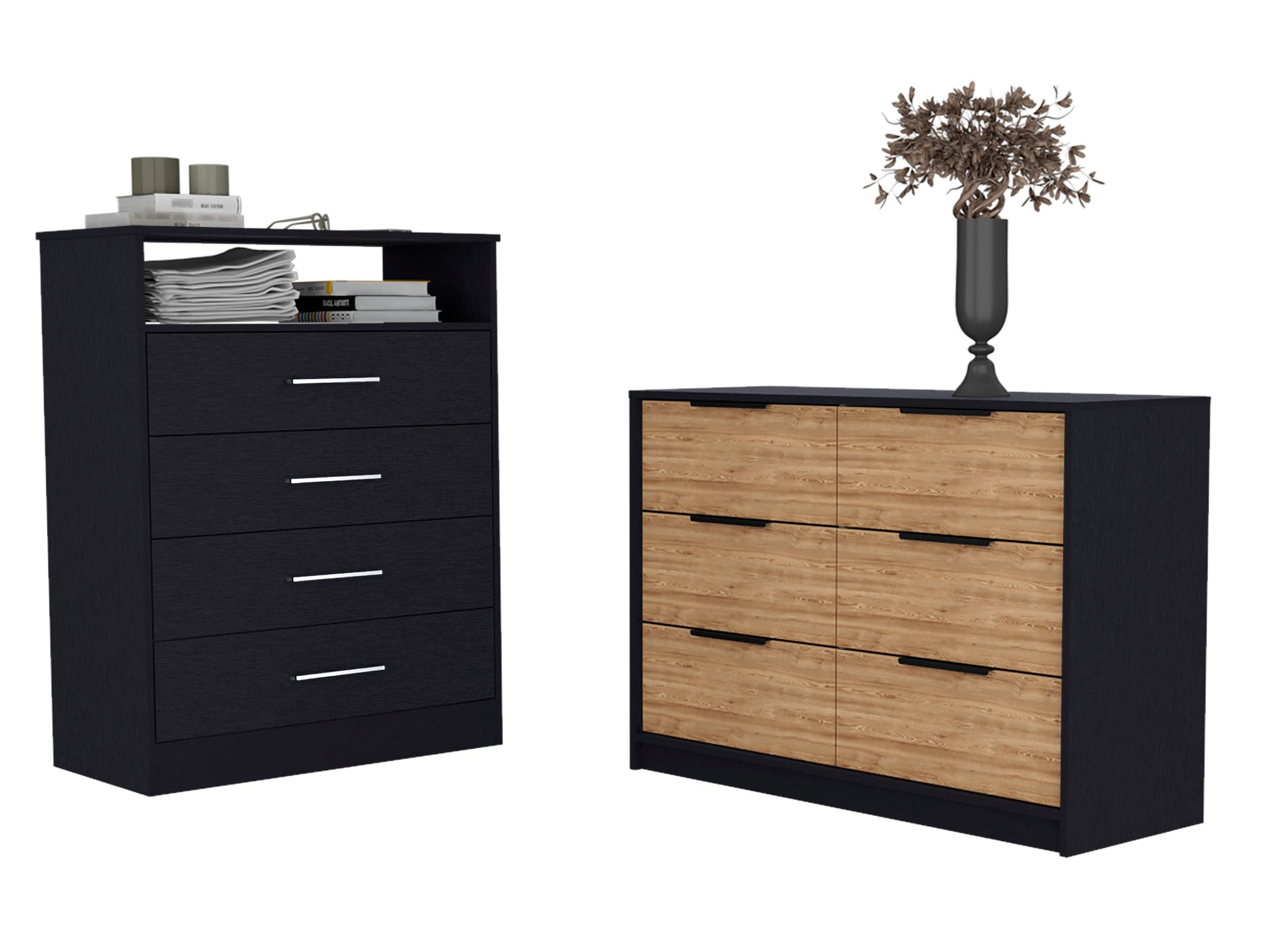 Meridian 2-Piece Bedroom Set, Dresser and Chest, Black and Pine