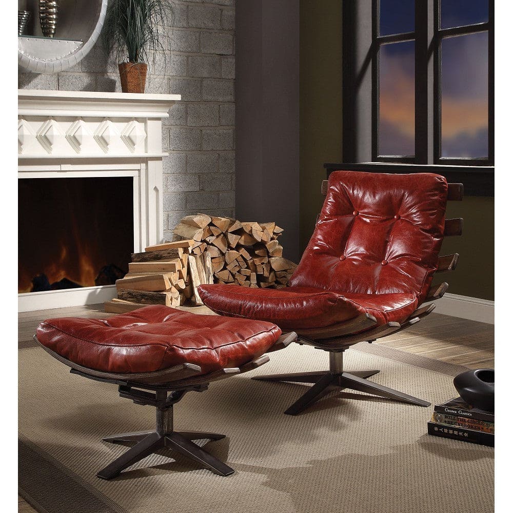 ACME Gandy Chair & Ottoman (2Pc Pk) in Antique Red Top Grain Leather 59531