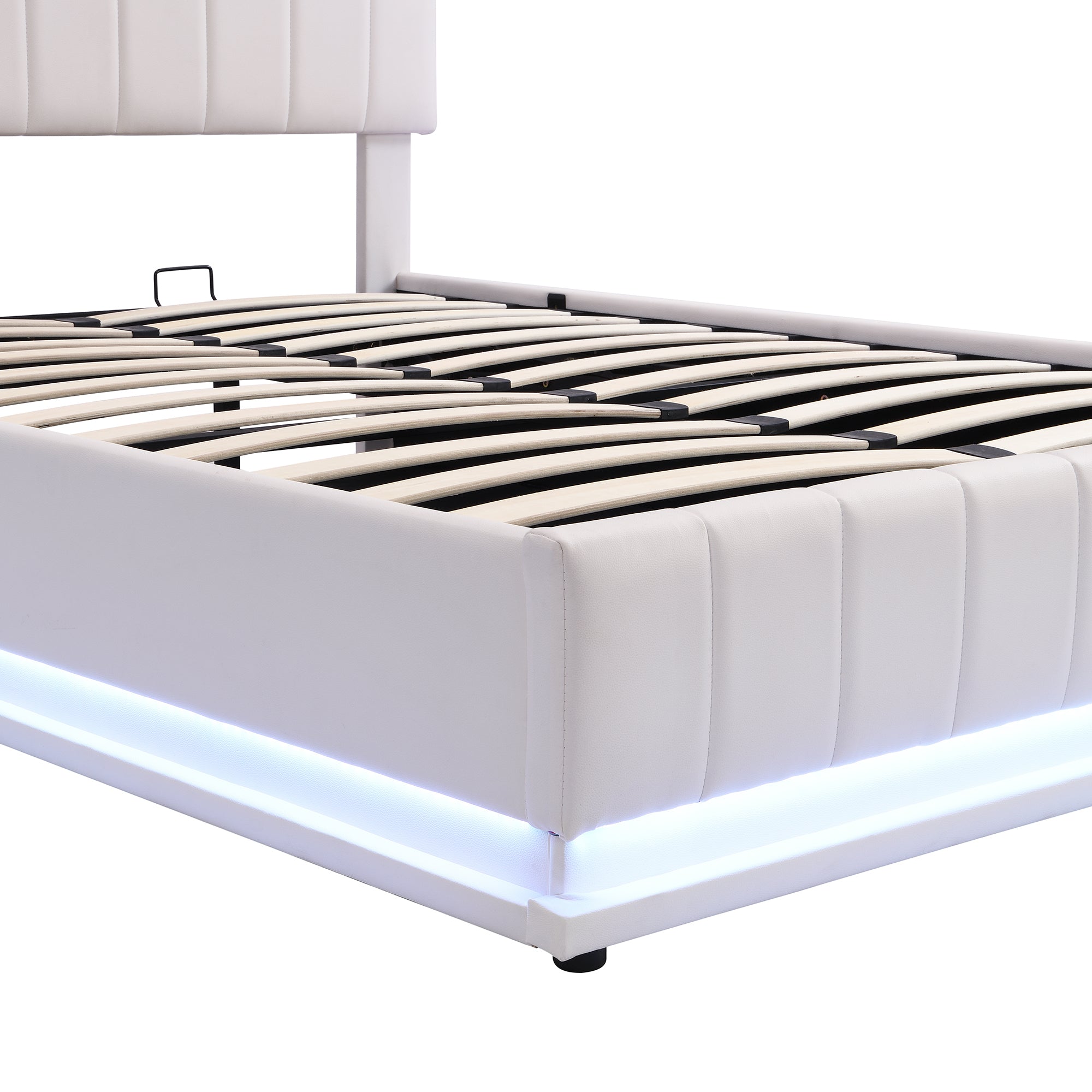 Full Size Upholstered Bed with Hydraulic Storage System and LED Light, Modern Platform Bed with Sockets and USB Ports, White