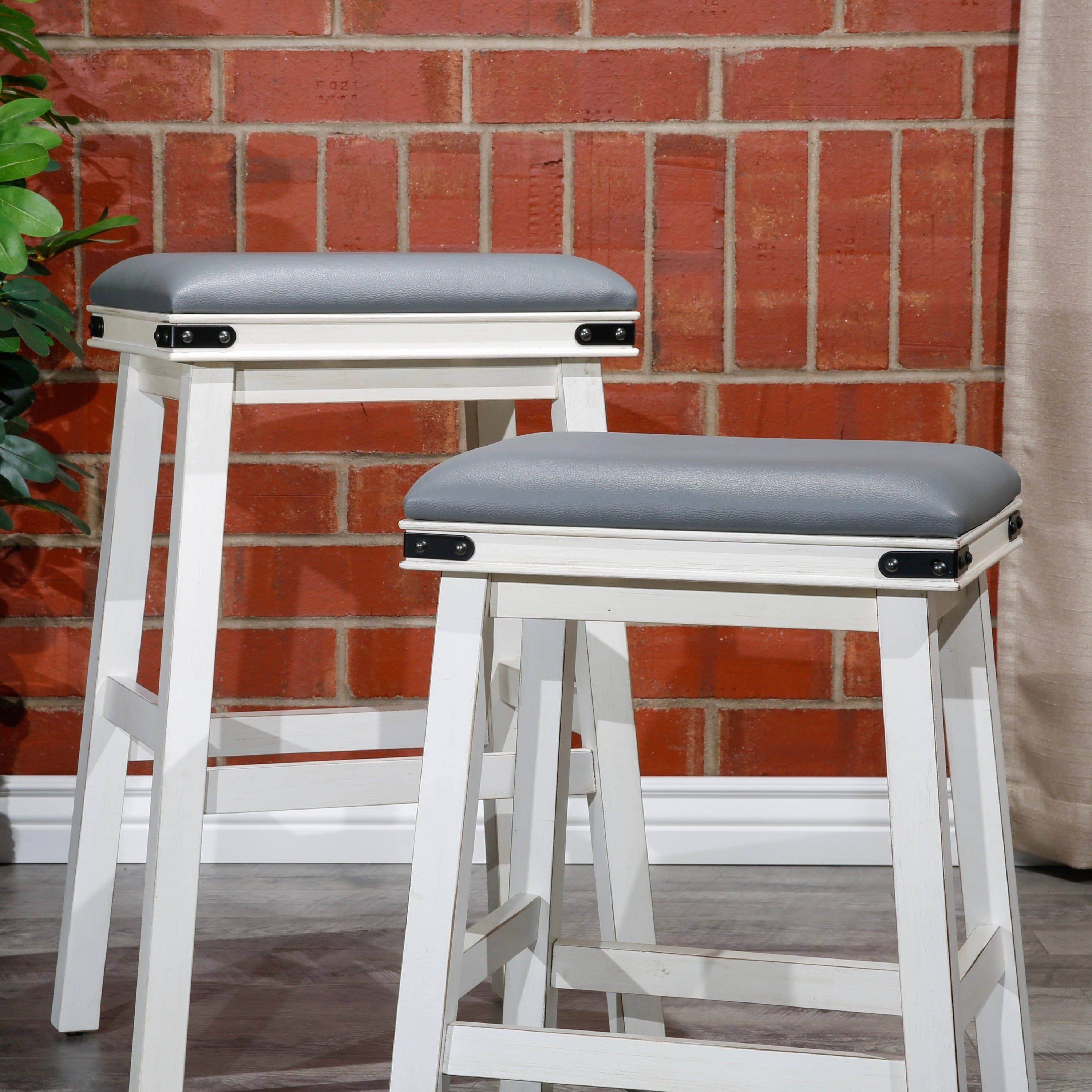 24" Counter Stool, Antique White Finish, Black Leather Seat