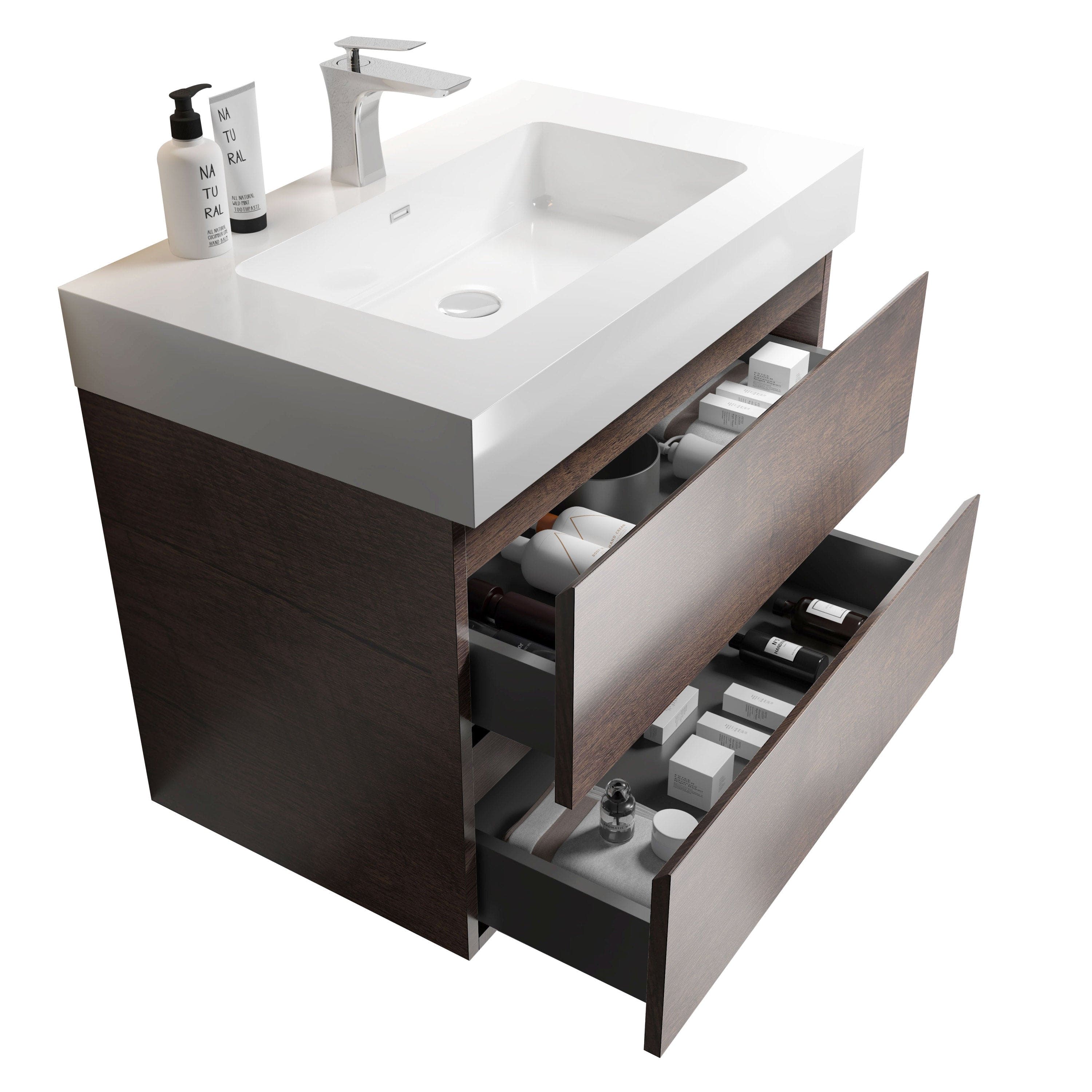 Alice 30" Walnut Bathroom Vanity with Sink, Large Storage Wall Mounted Floating Bathroom Vanity for Modern Bathroom, One-Piece White Sink Basin without Drain and Faucet